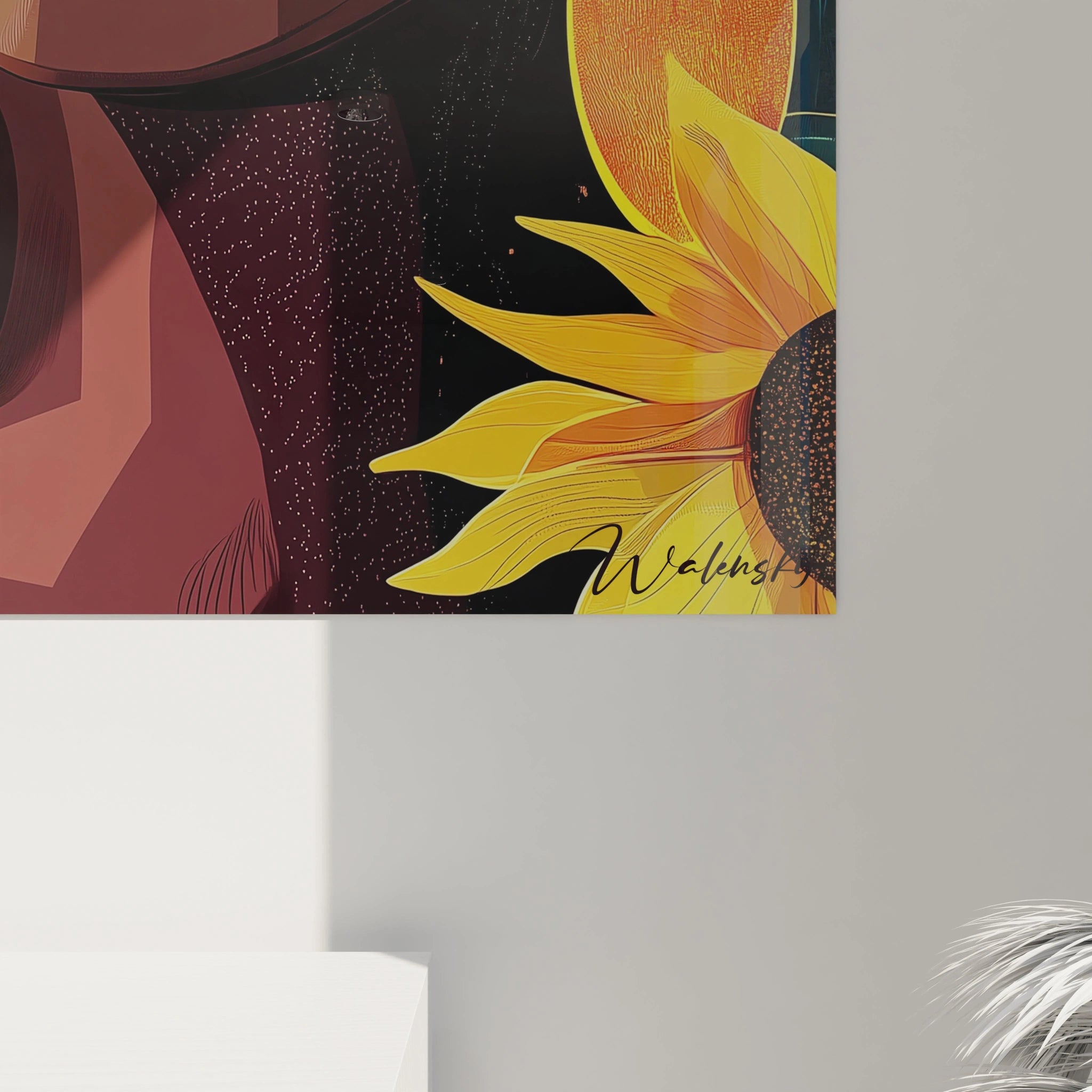 Tableau africain mural signé Walensky avec dessin stylisé et fleur de tournesol jaune