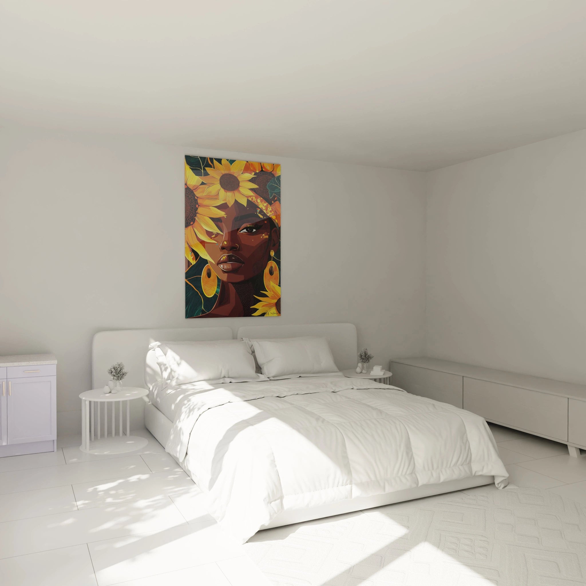Tableau africain mural Walensky représentant une femme avec des tournesols dans une chambre lumineuse et moderne