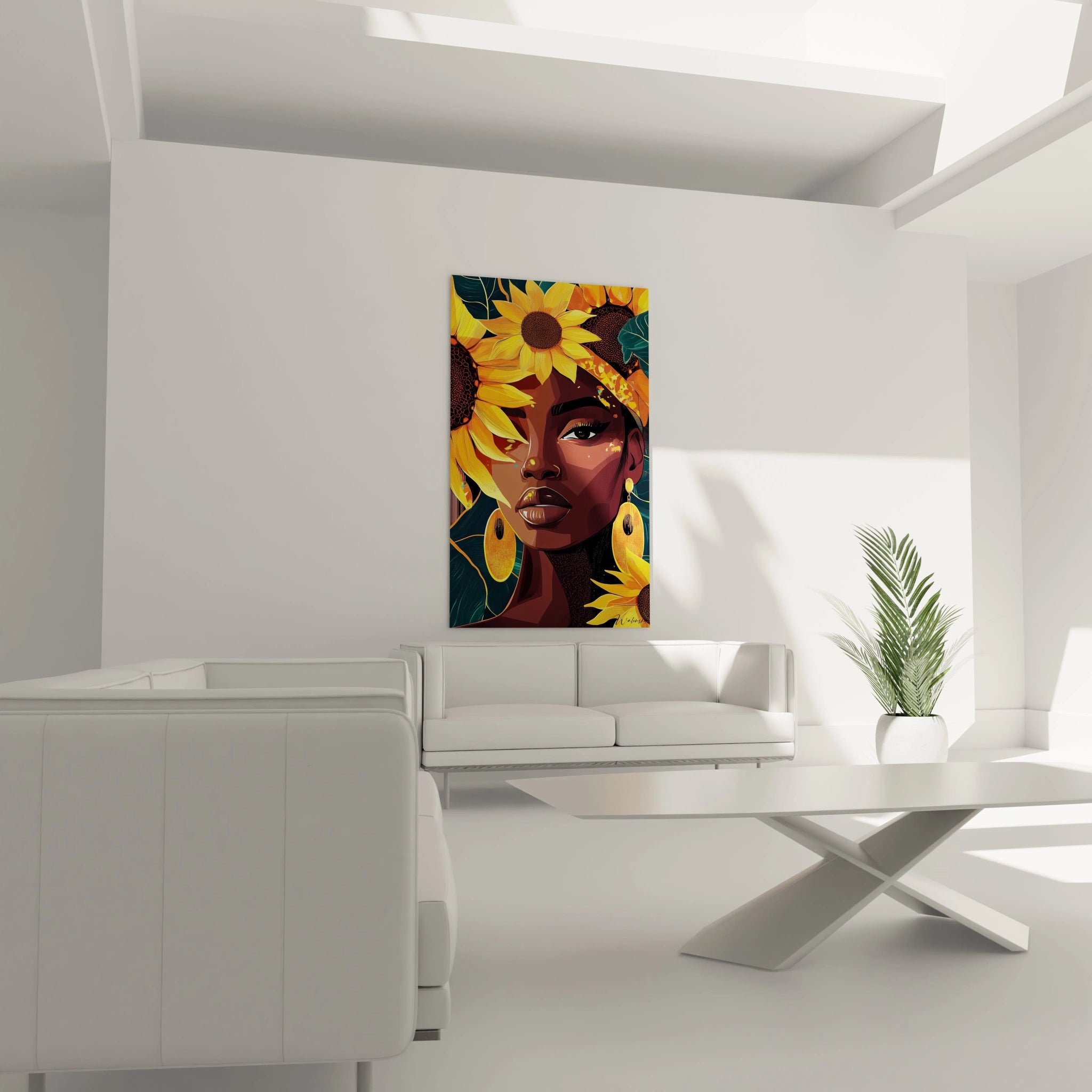 Tableau africain mural Walensky représentant un portrait féminin avec tournesols dans un salon moderne lumineux