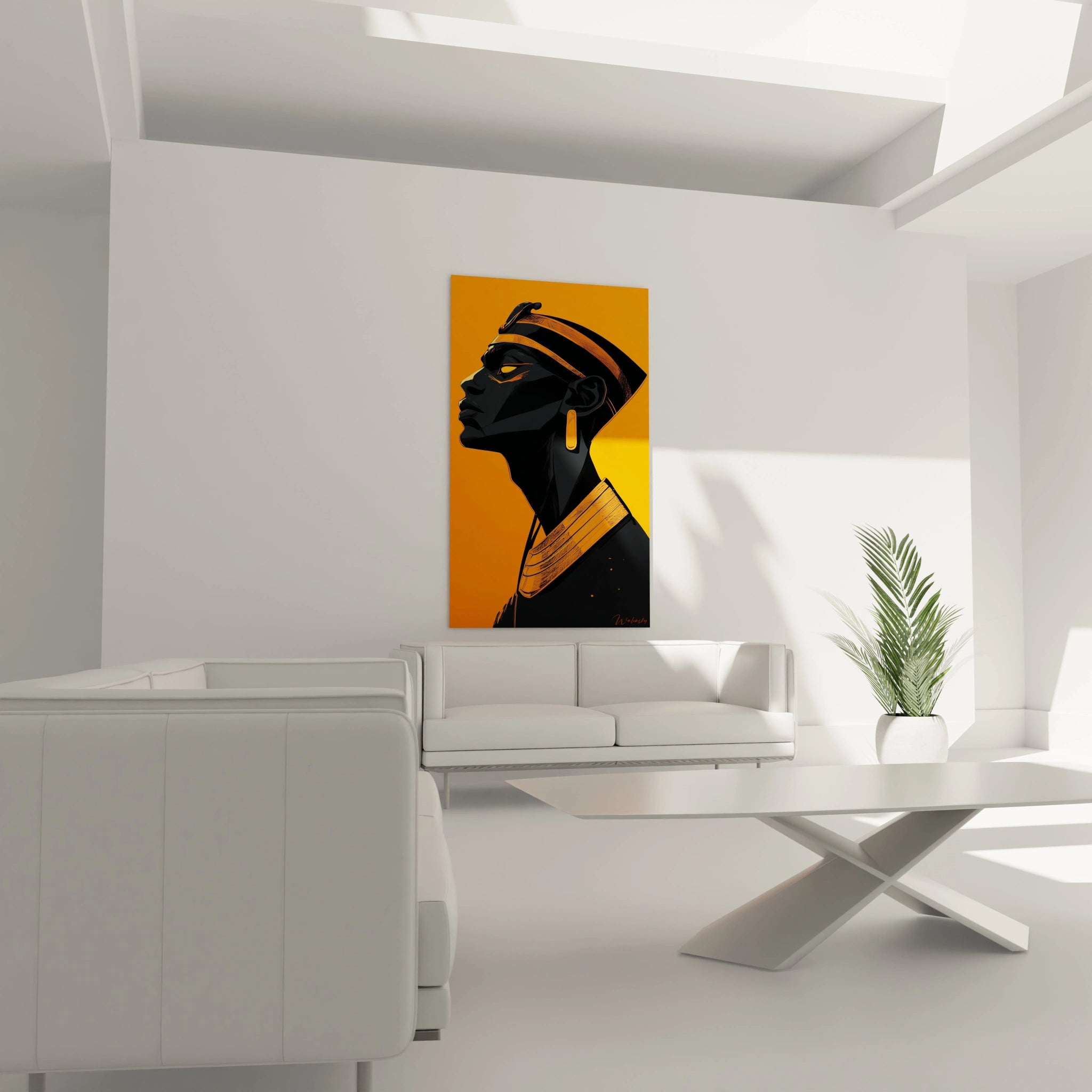 Tableau Egypte mural Walensky représentant profil noir stylisé sur fond orange dans salon moderne