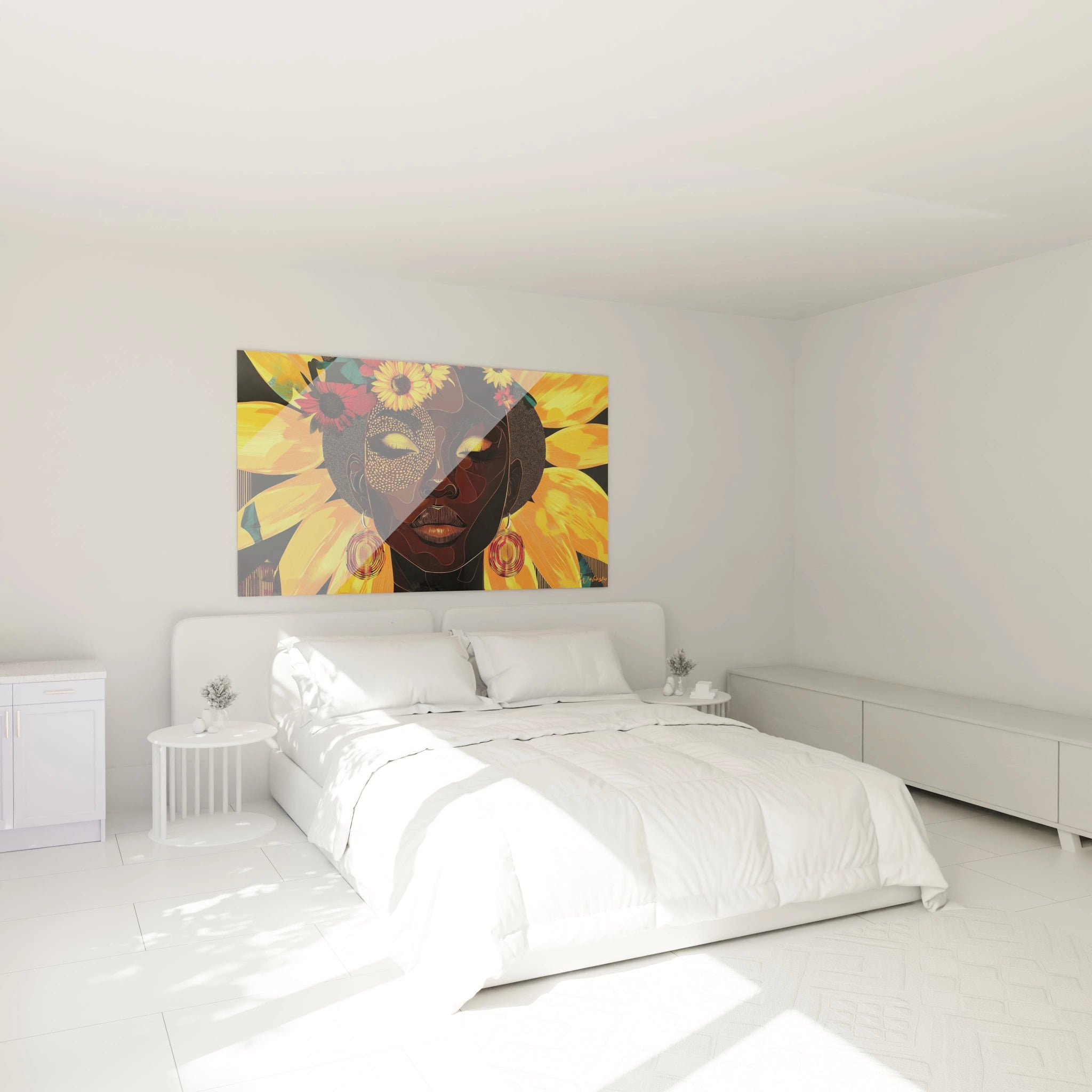 Tableau africain mural Walensky avec perroquets colorés accroché au-dessus d'un lit dans une chambre blanche moderne