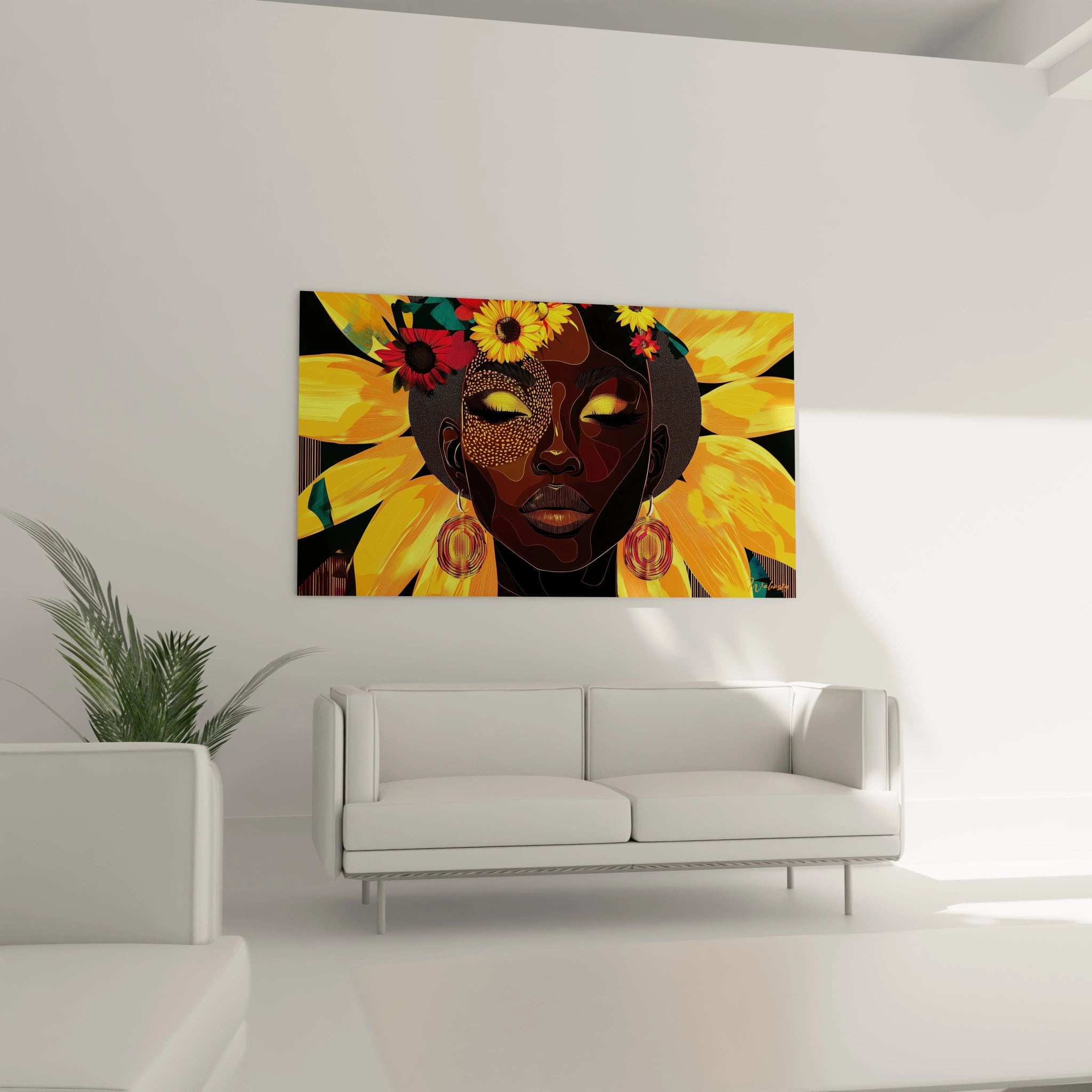 Tableau africain mural Walensky avec perroquets colorés rouges et bleus sur fond montagneux dans un salon moderne