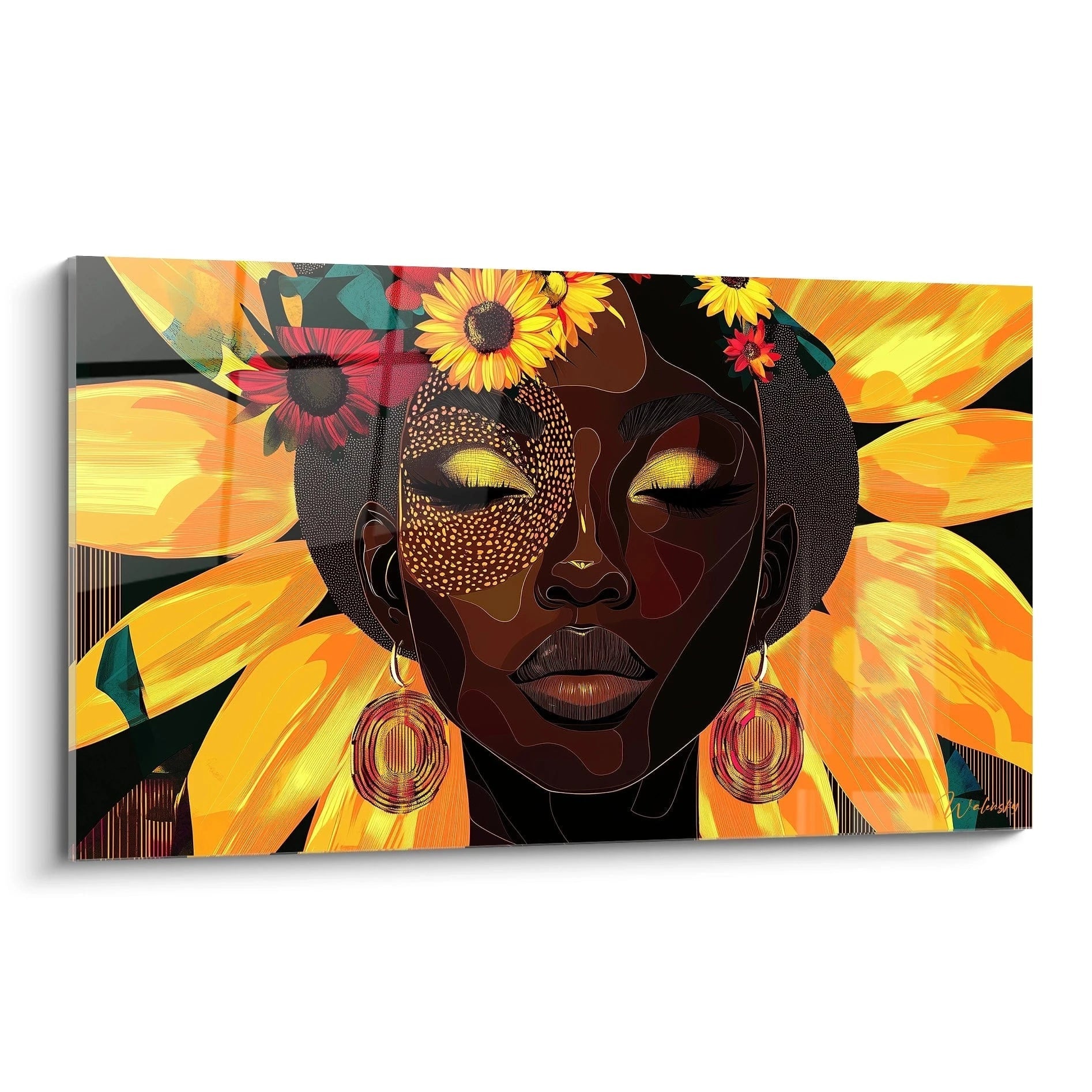 Tableau africain mural Walensky femme noire avec fleurs jaunes et bijoux colorés