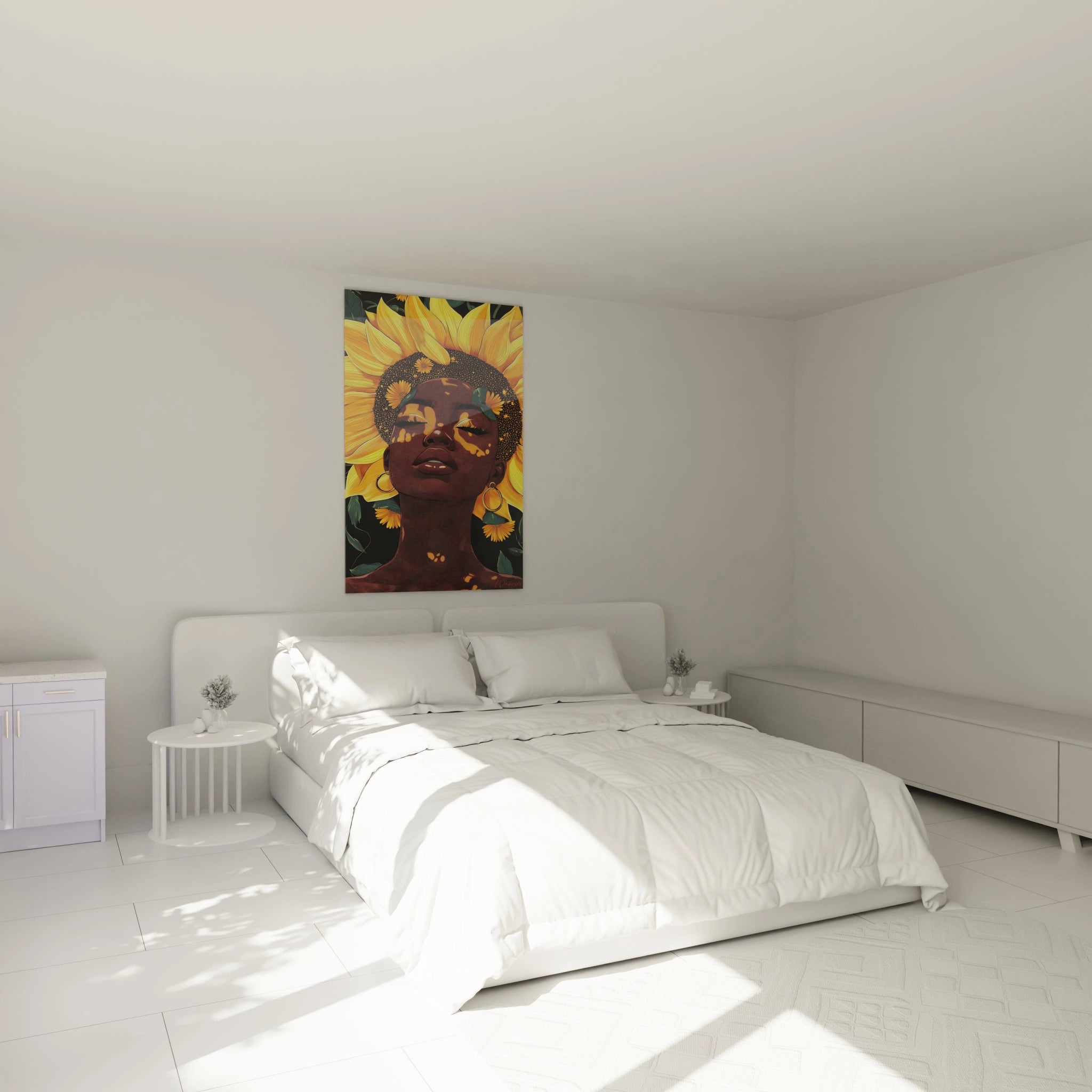 Tableau africain mural Walensky représentant un portrait féminin avec un tournesol en arrière-plan dans une chambre moderne