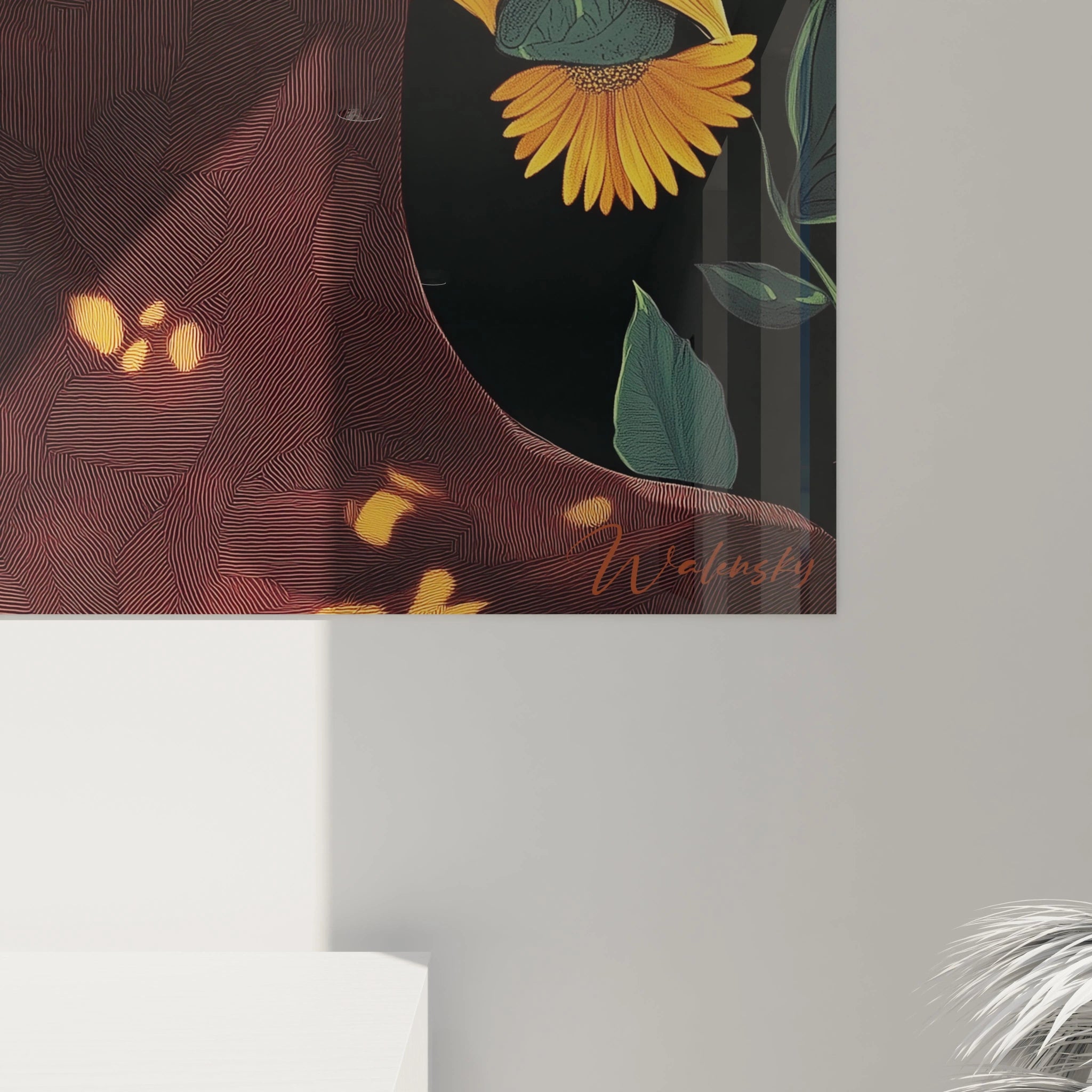 Détail d'un tableau africain mural signé Walensky avec fleurs et motifs colorés sur fond sombre