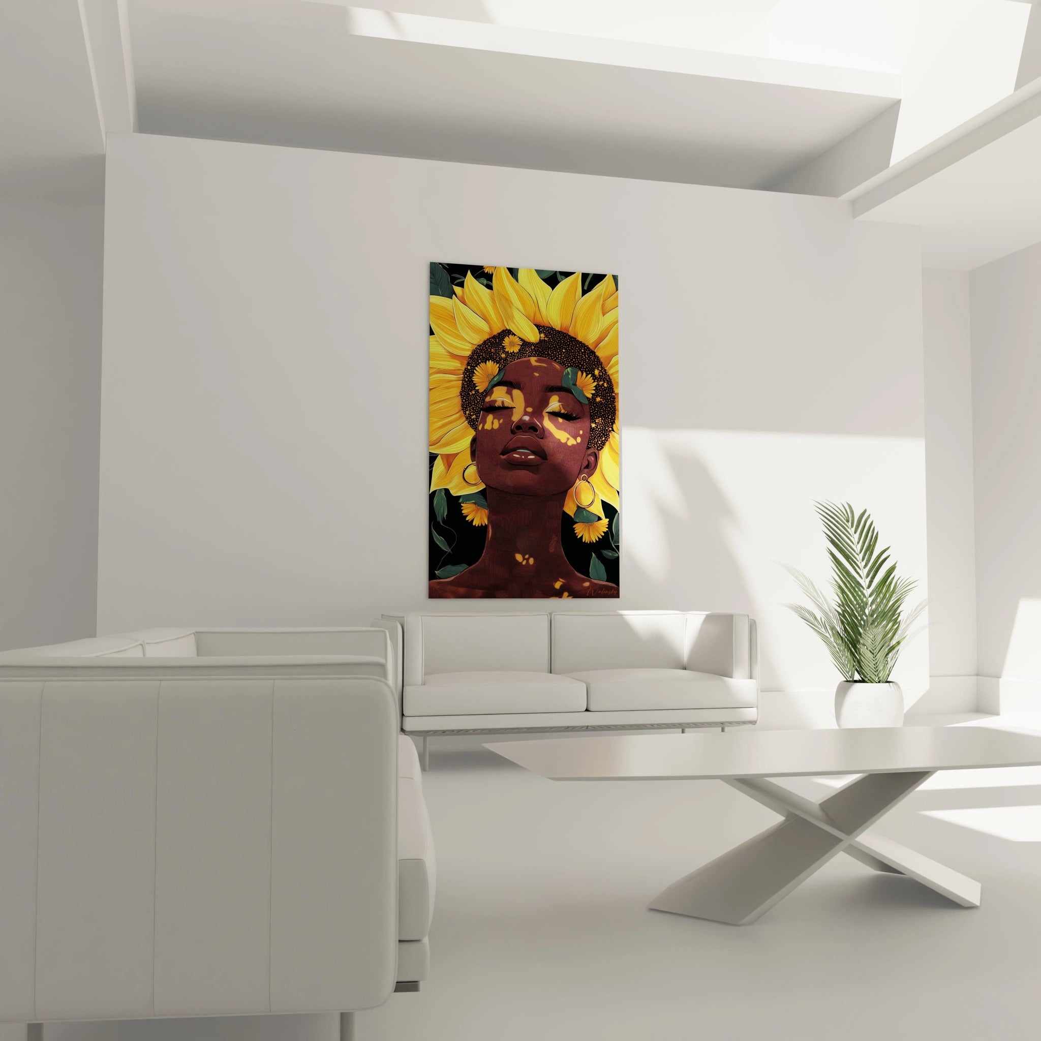 Tableau africain mural Walensky représentant un portrait artistique féminin avec tournesols lumineux