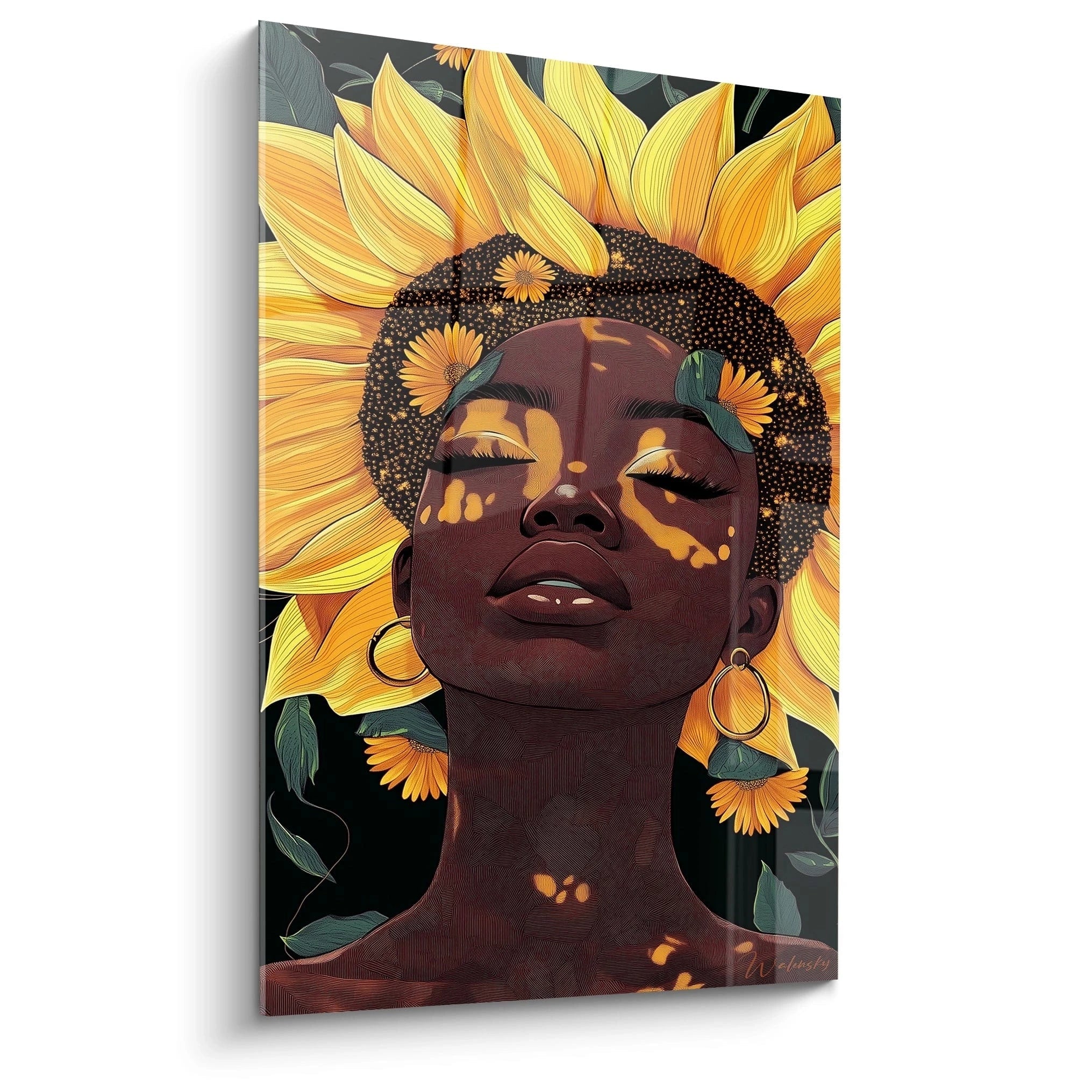 Tableau africain mural Walensky représentant une femme noire stylisée avec des tournesols lumineux en arrière-plan
