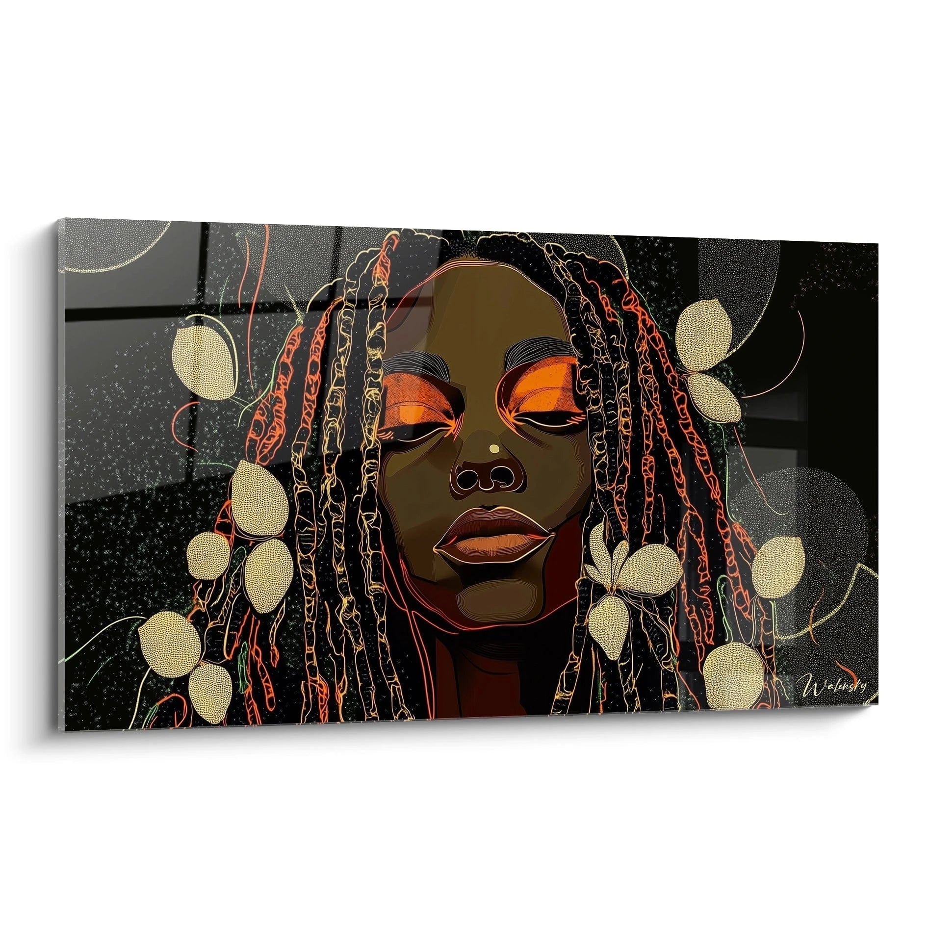 Tableau africain mural Walensky représentant un portrait stylisé d'une femme aux dreadlocks avec maquillage orange