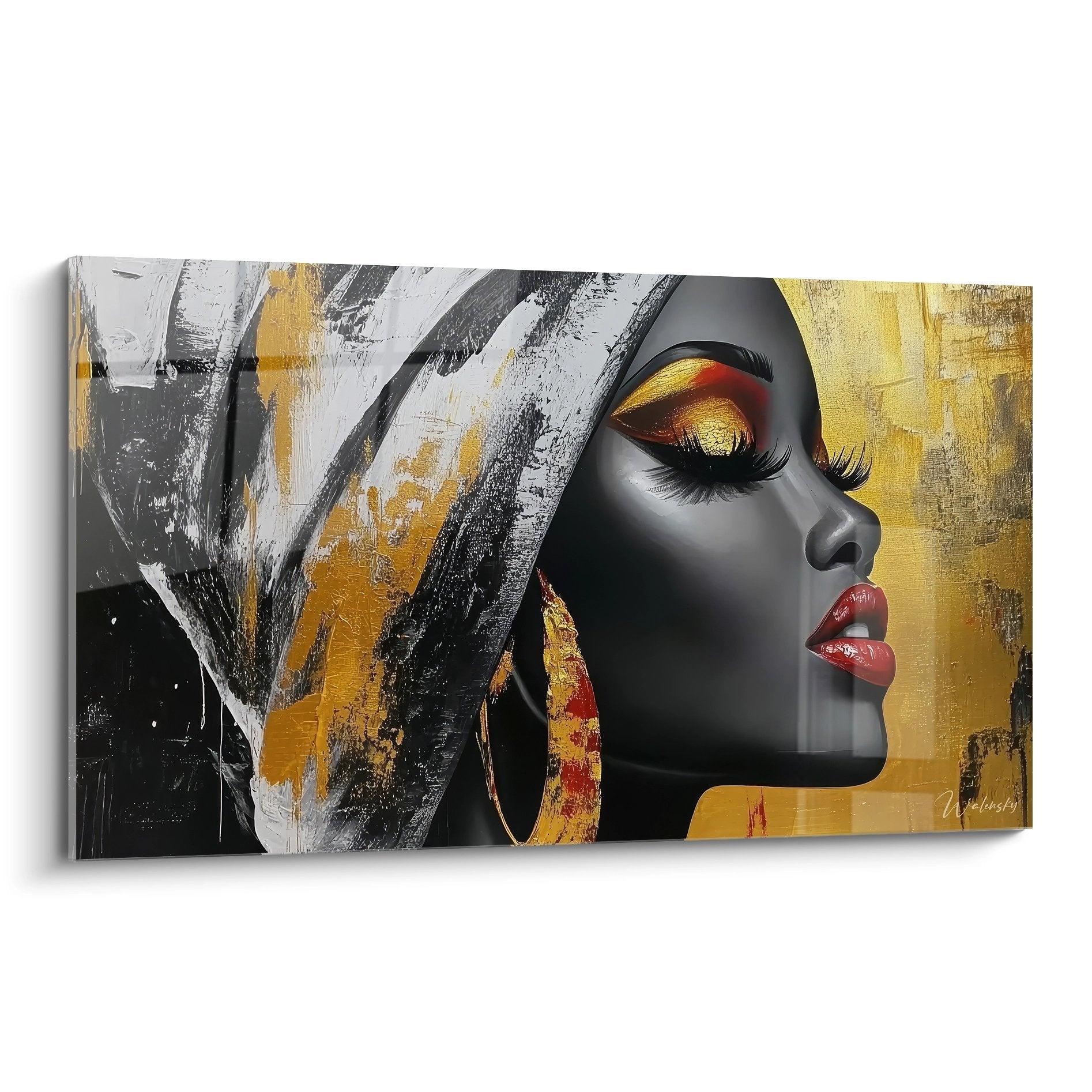 Tableau mural femme africaine aux tons dorés et noirs, art contemporain abstrait pour décoration moderne