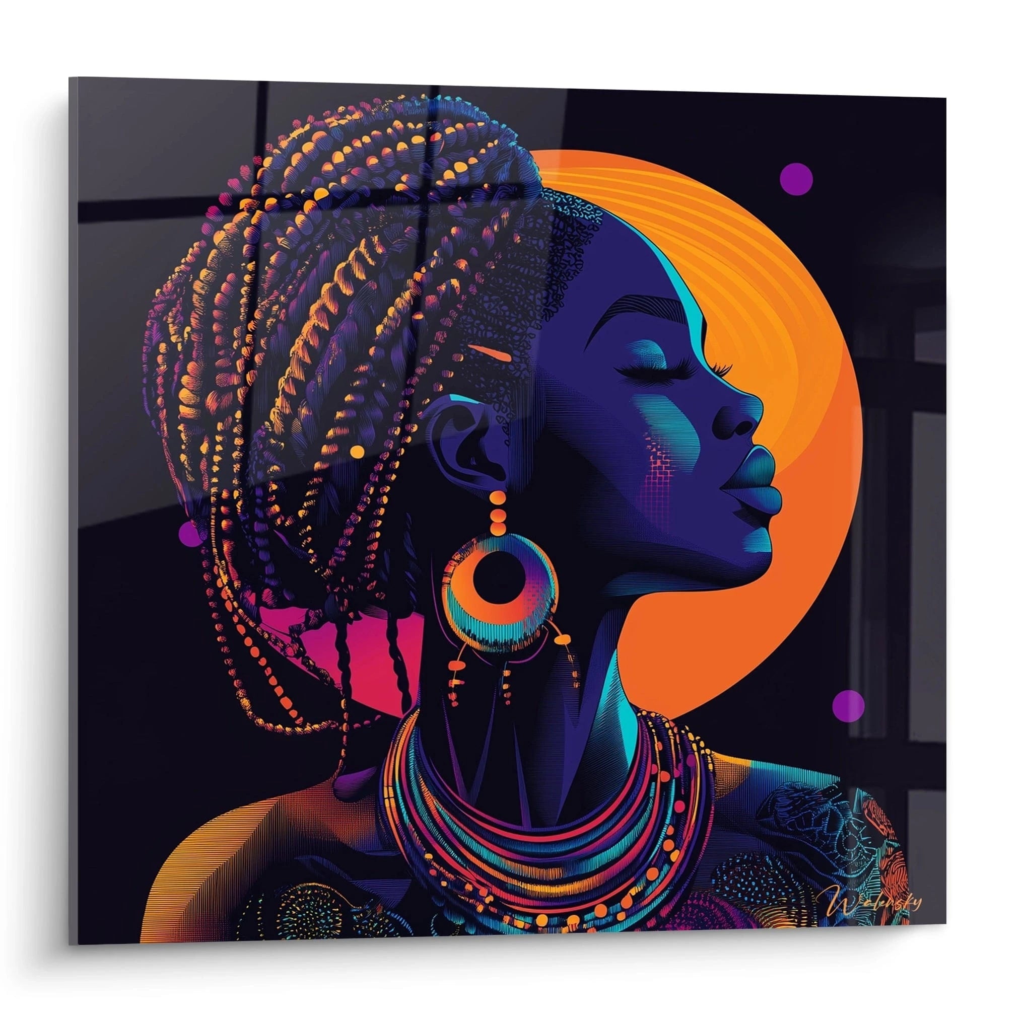 Tableau africain mural Walensky portrait femme noire stylisée avec bijoux colorés et fond orange