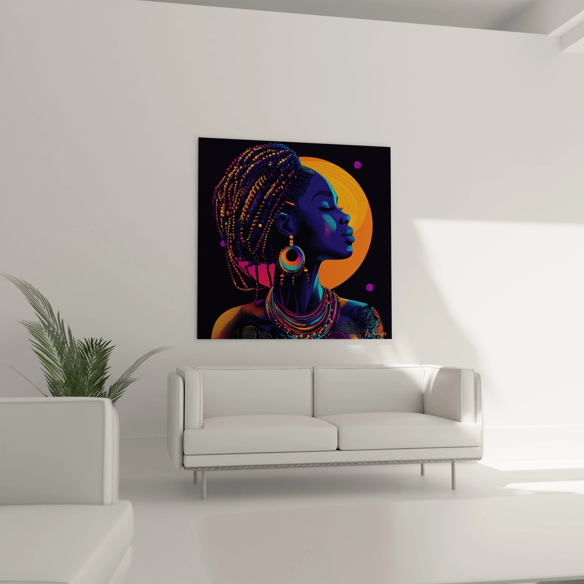 Tableau africain mural coloré représentant une femme stylisée avec des bijoux, accroché dans un salon moderne