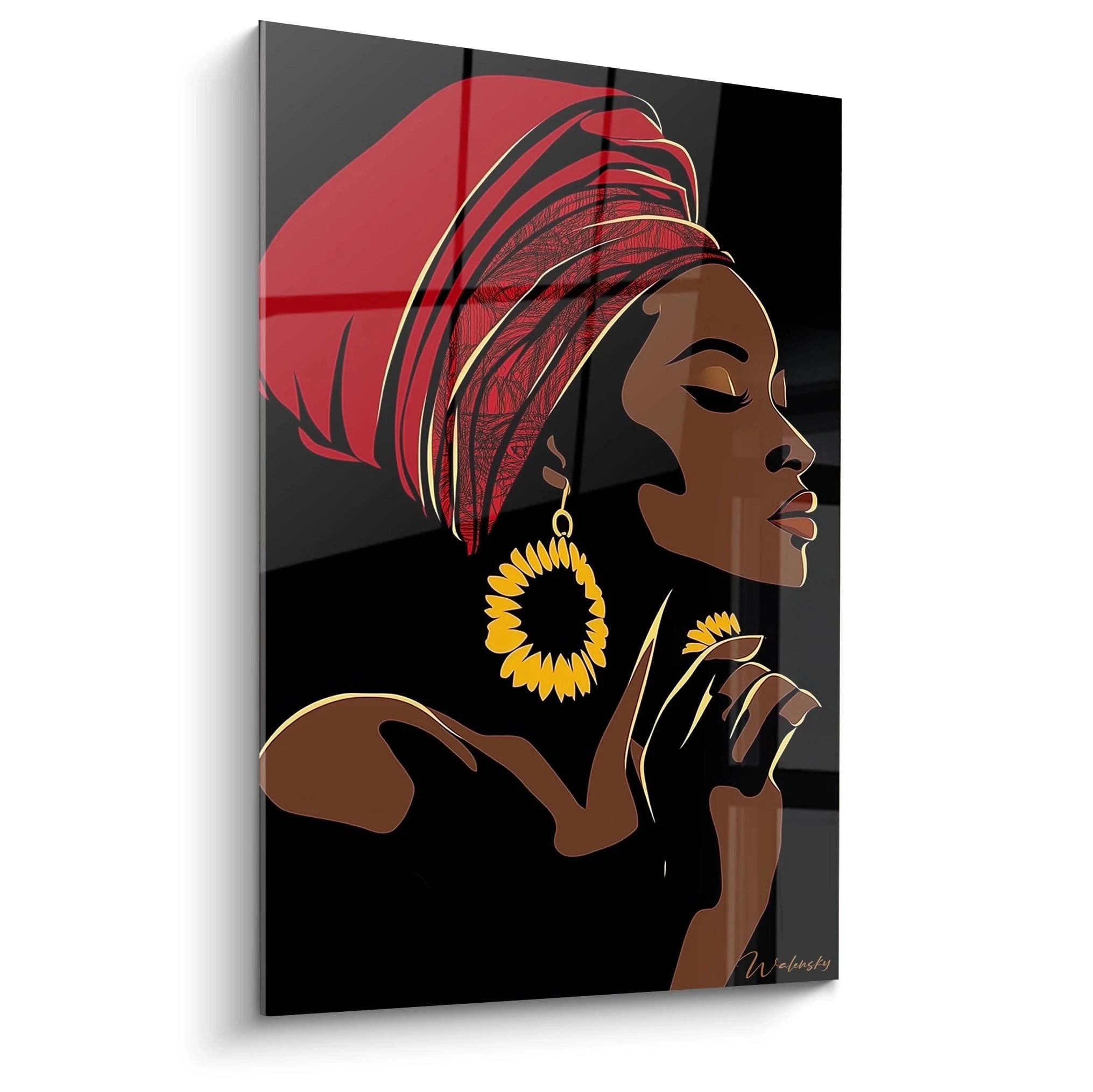 Tableau africain mural représentant une femme élégante avec un turban rouge et de grandes boucles d'oreilles jaunes