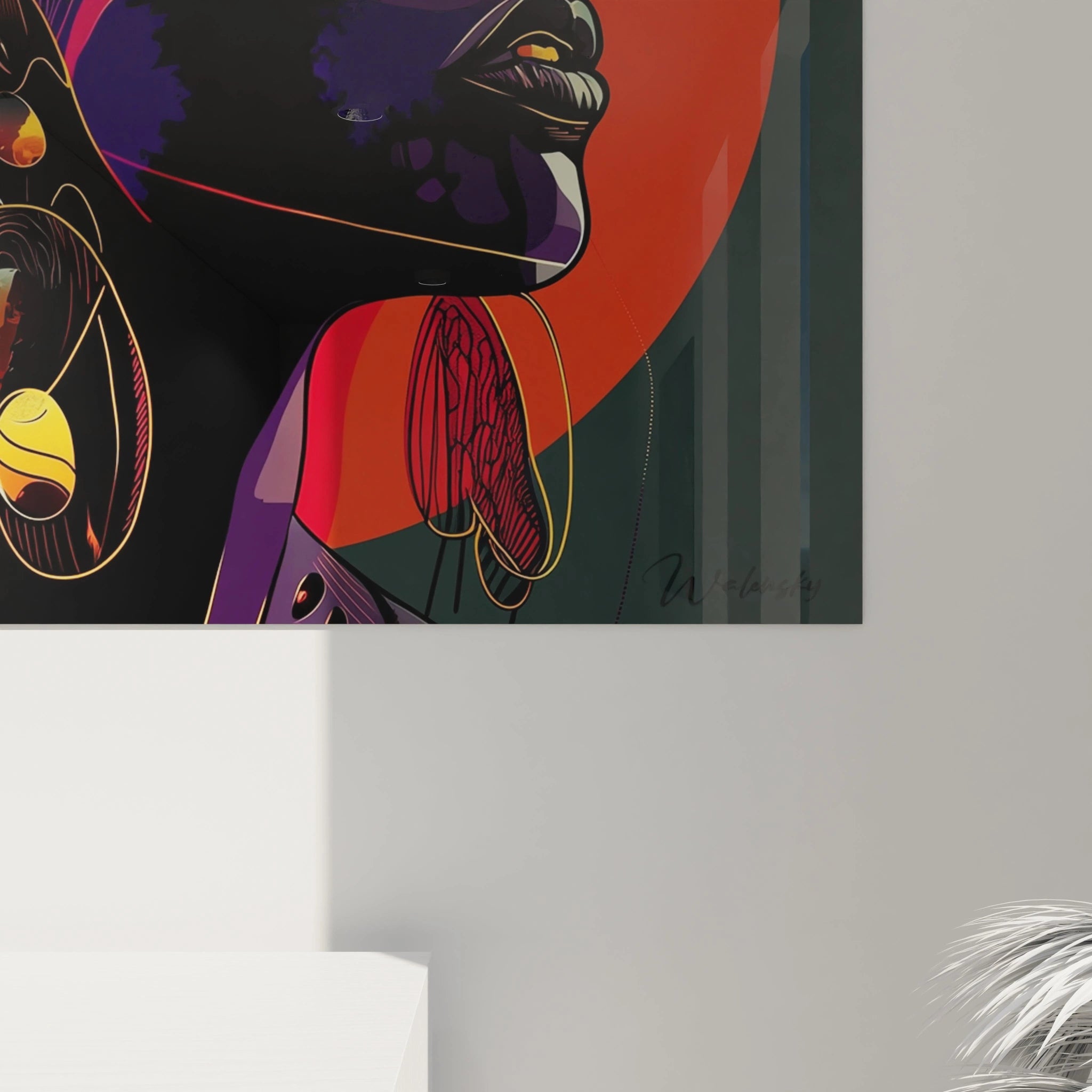 Tableau africain mural de Walensky montrant un portrait coloré d'une femme avec des boucles d'oreilles dorées