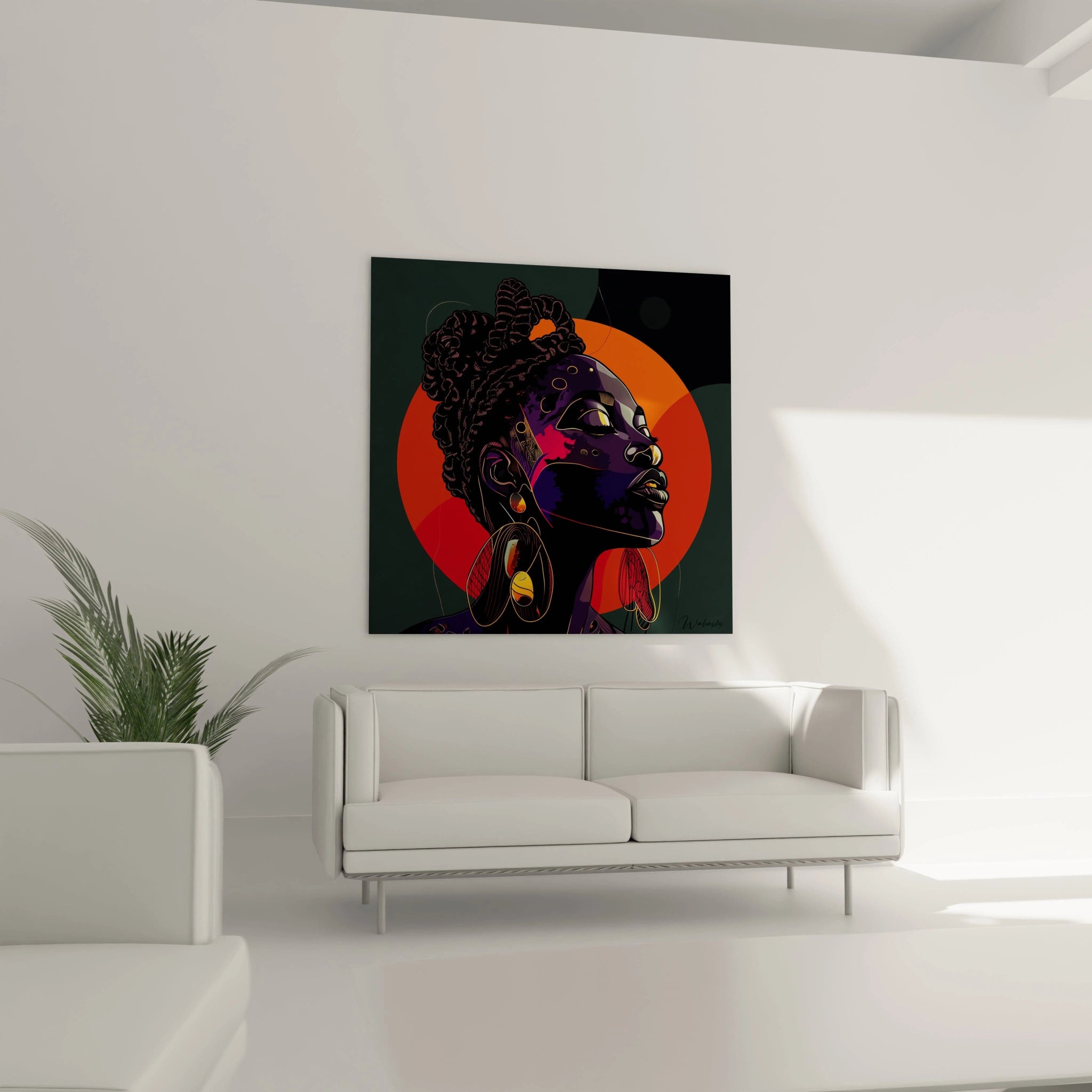 Tableau africain mural représentant un portrait coloré de femme avec des boucles d'oreilles dorées