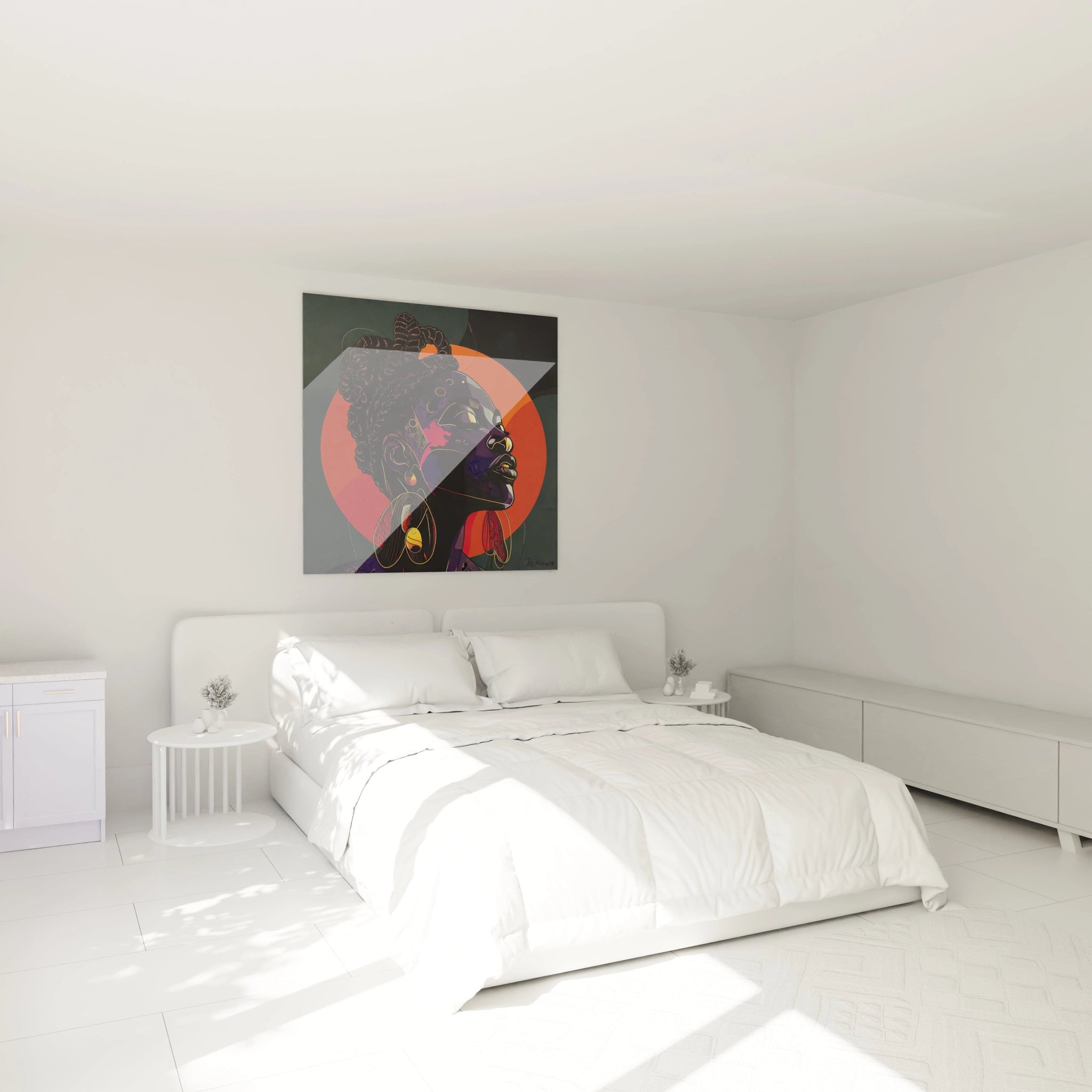 Tableau africain mural Walensky représentant un portrait coloré de femme afro dans une chambre minimaliste blanche