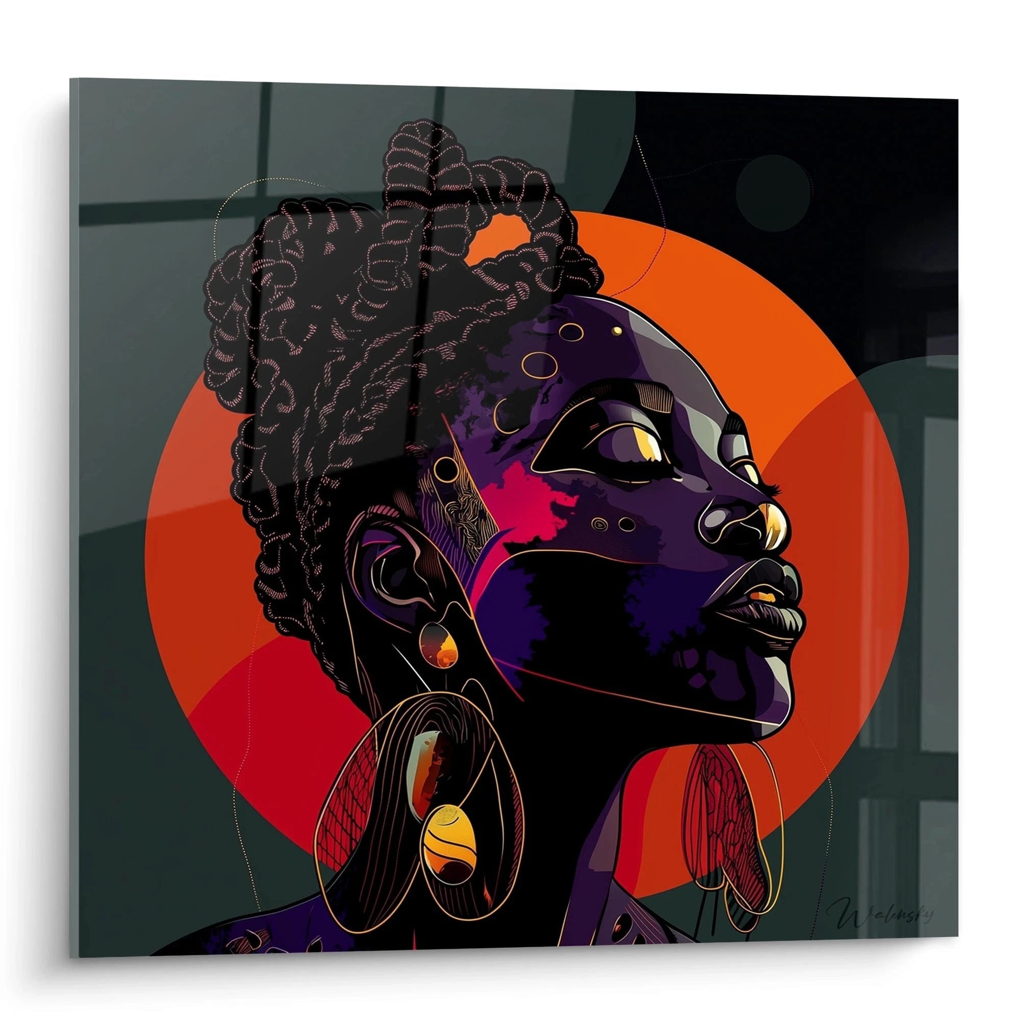 Tableau africain mural illustrant un portrait coloré de femme africaine avec boucles d'oreilles sur fond cercle orange