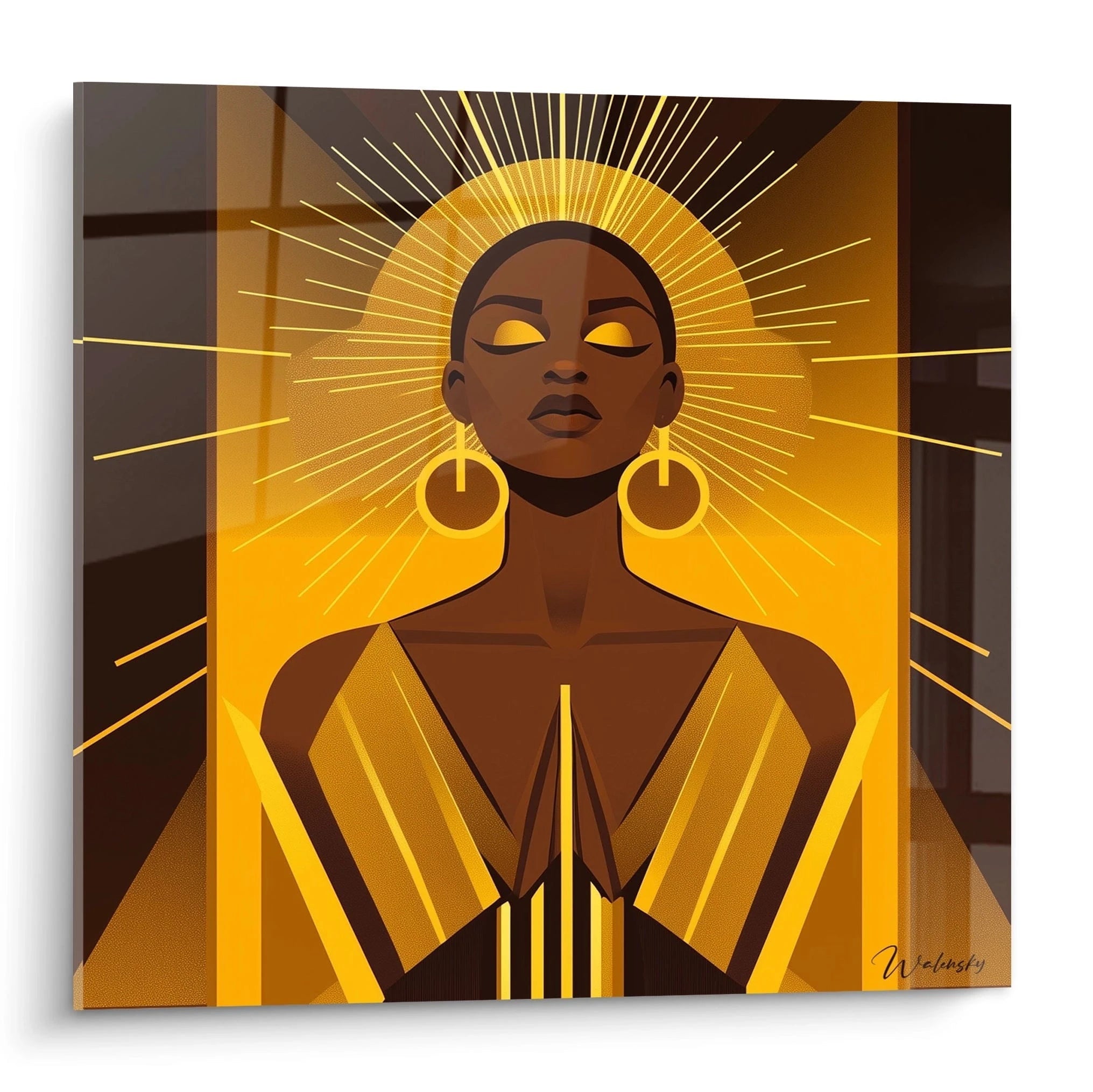 Tableau africain mural Walensky représentant une femme stylisée aux tons jaunes et bruns avec halo lumineux
