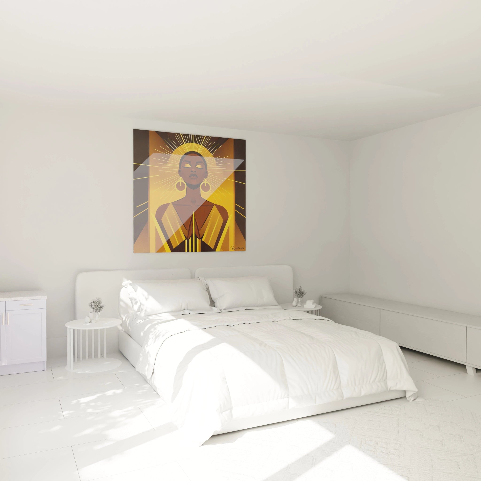 Tableau africain mural Walensky représentant un panda rouge suspendu au mur d'une chambre moderne blanche