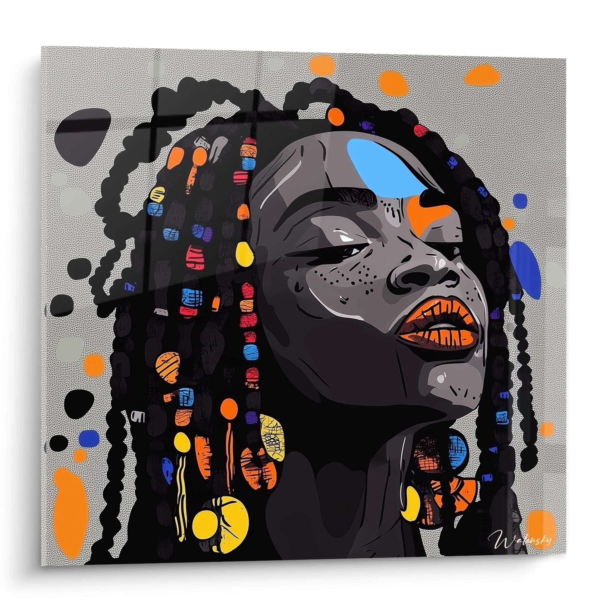 Tableau africain mural Walensky portrait femme afro avec peinture colorée et style moderne
