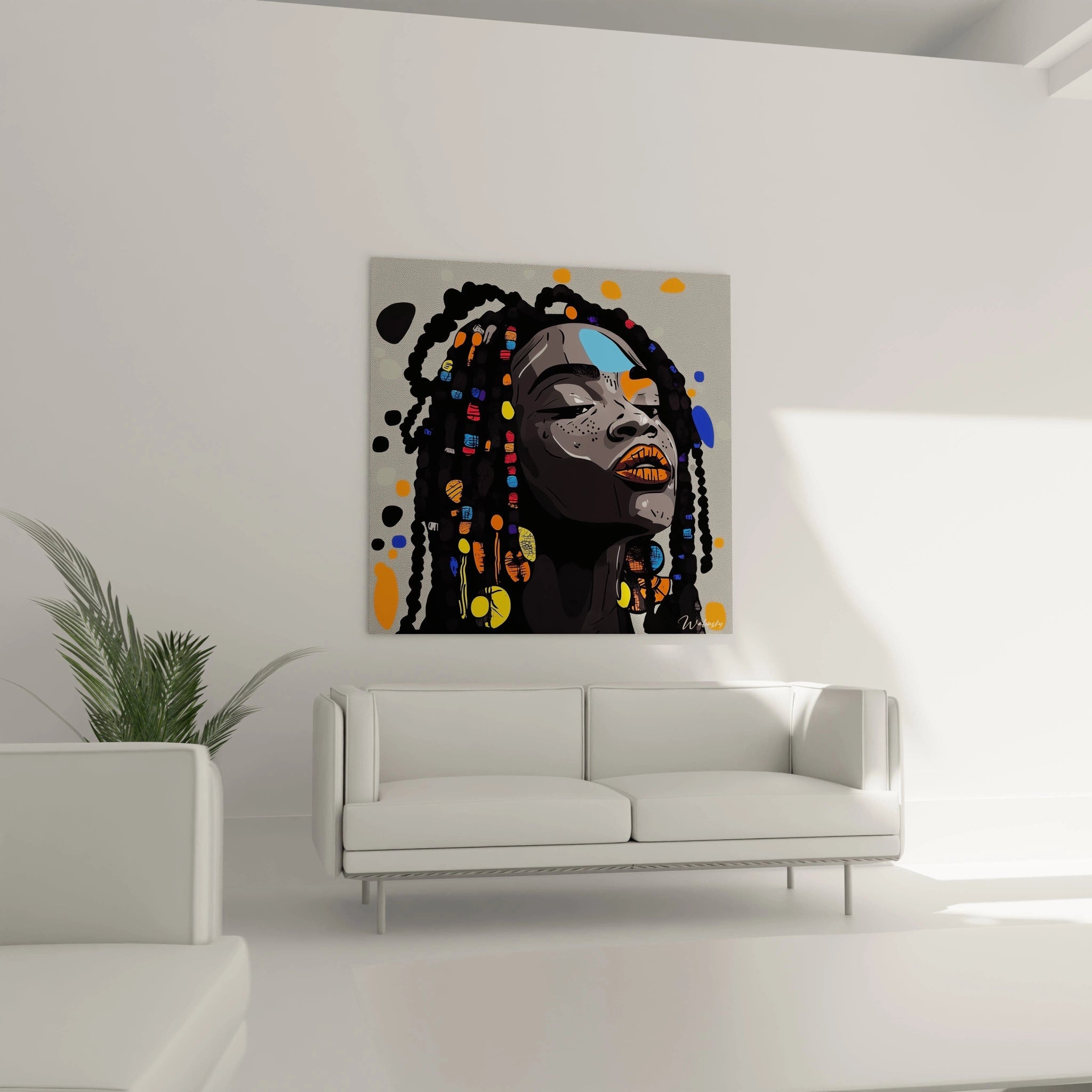 Tableau africain mural Walensky représentant un portrait coloré de femme noire avec peinture moderne