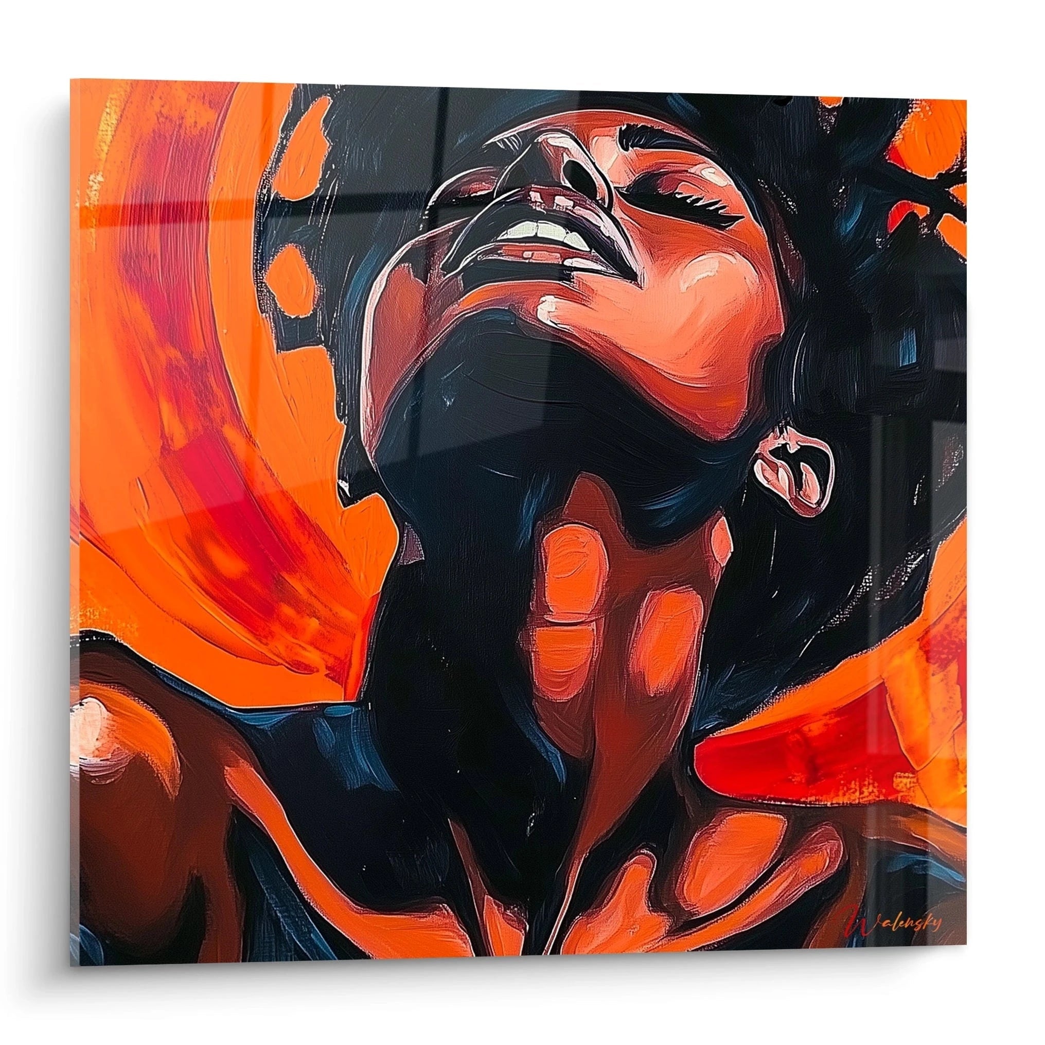 Tableau africain mural Walensky représentant une femme expressive aux tons orange et noir