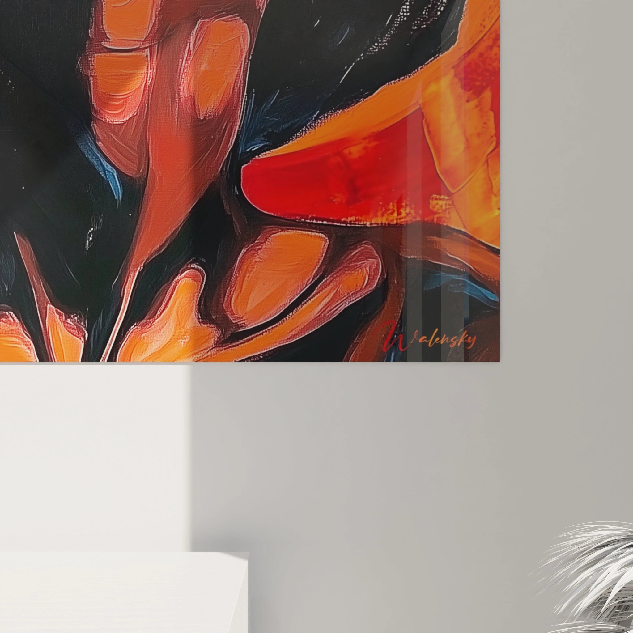 Tableau africain mural Walensky avec design abstrait en nuances de noir, orange et rouge