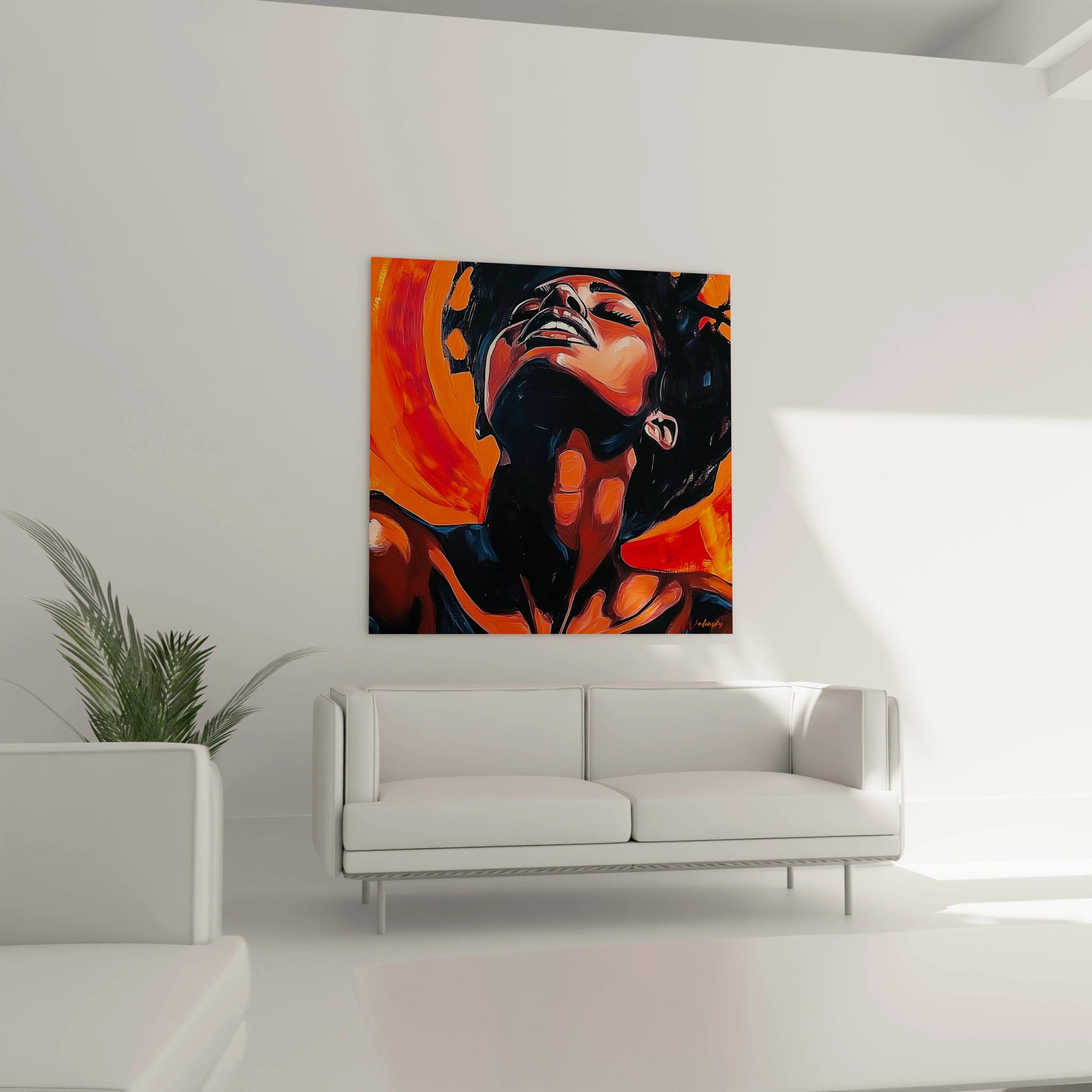 Tableau africain mural Walensky représentant un rhinocéros coloré accroché au-dessus d'un canapé blanc dans un salon moderne