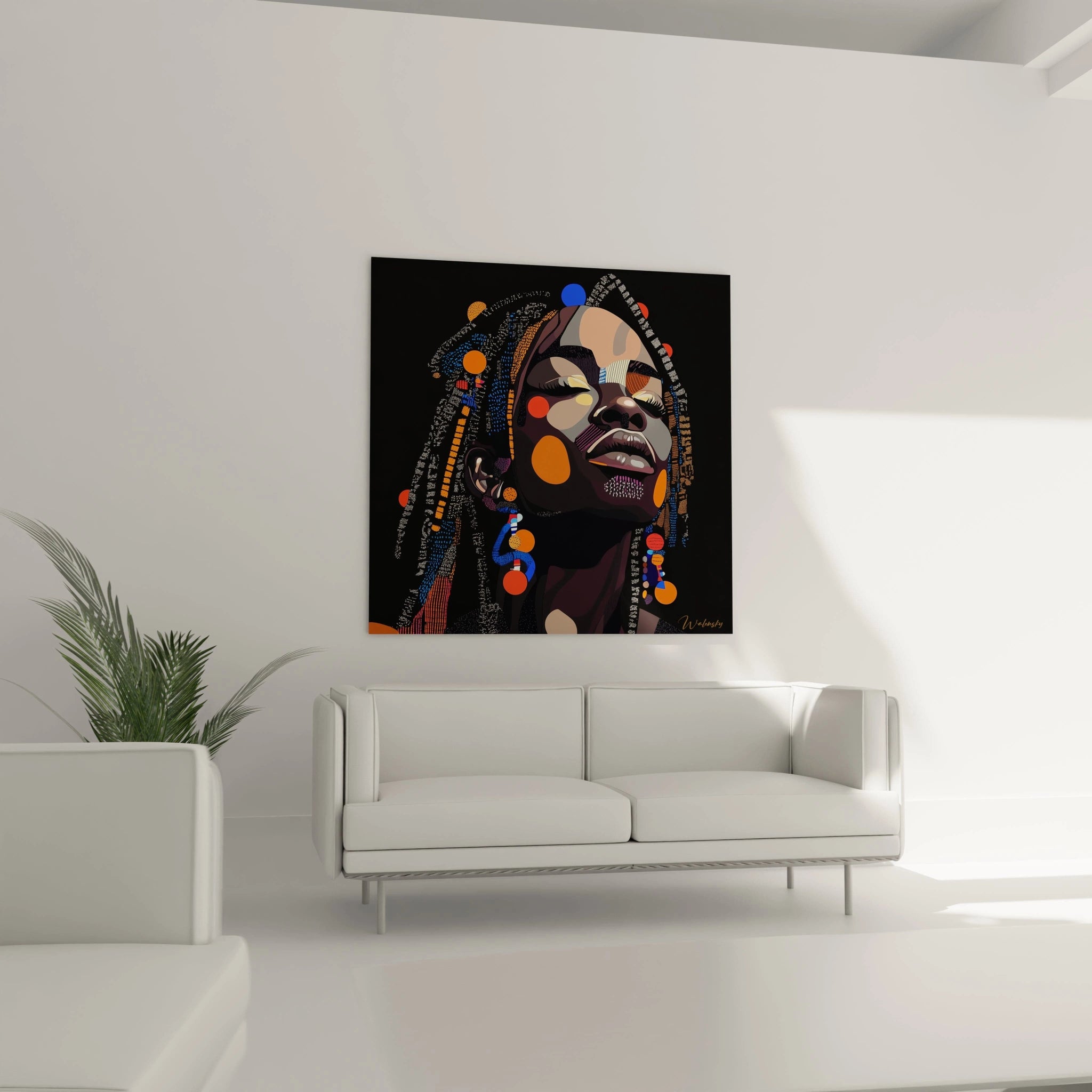 Tableau africain mural Walensky représentant un portrait coloré d'une femme avec des ornements dans les cheveux