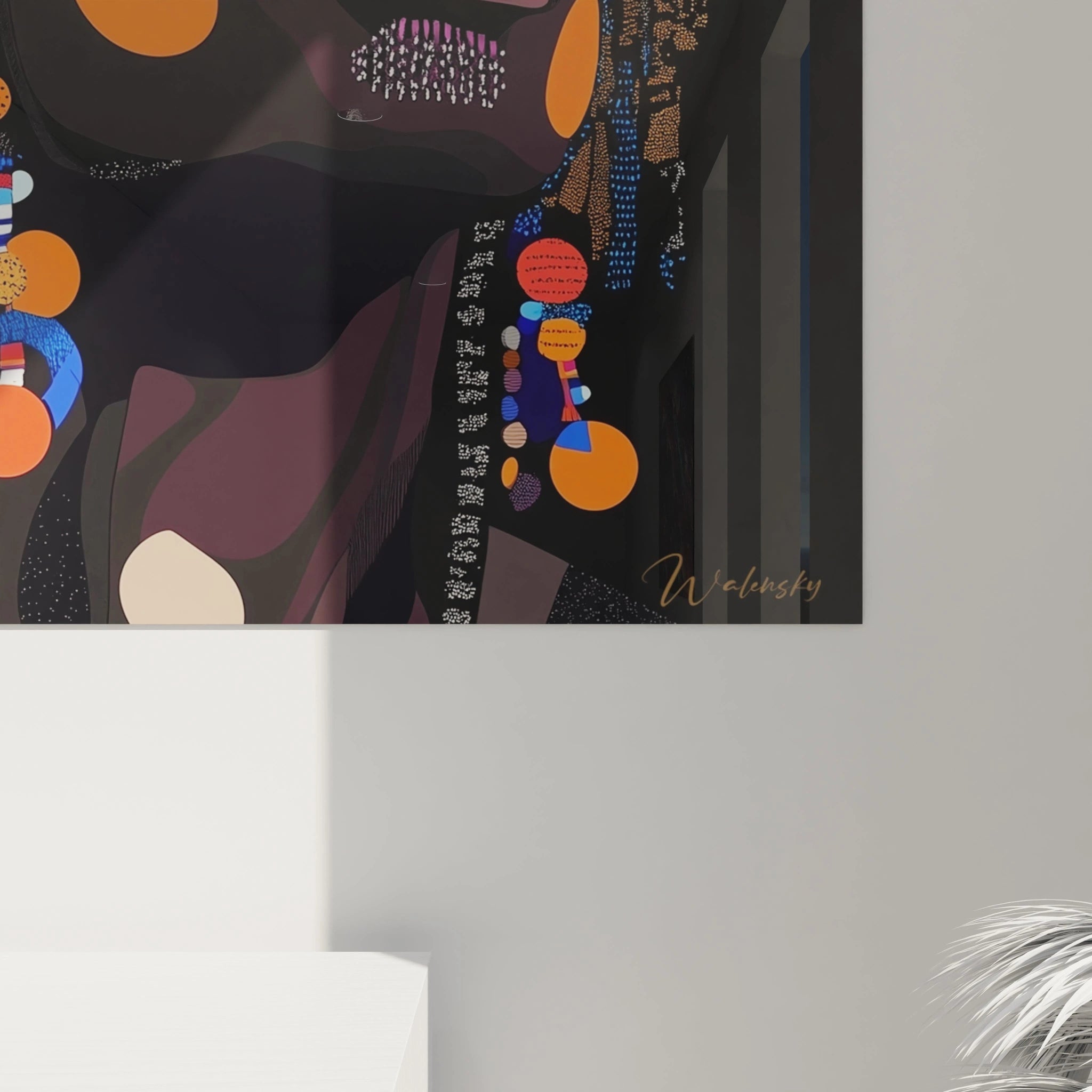 Tableau africain mural Walensky avec motifs colorés et abstraits sur fond sombre