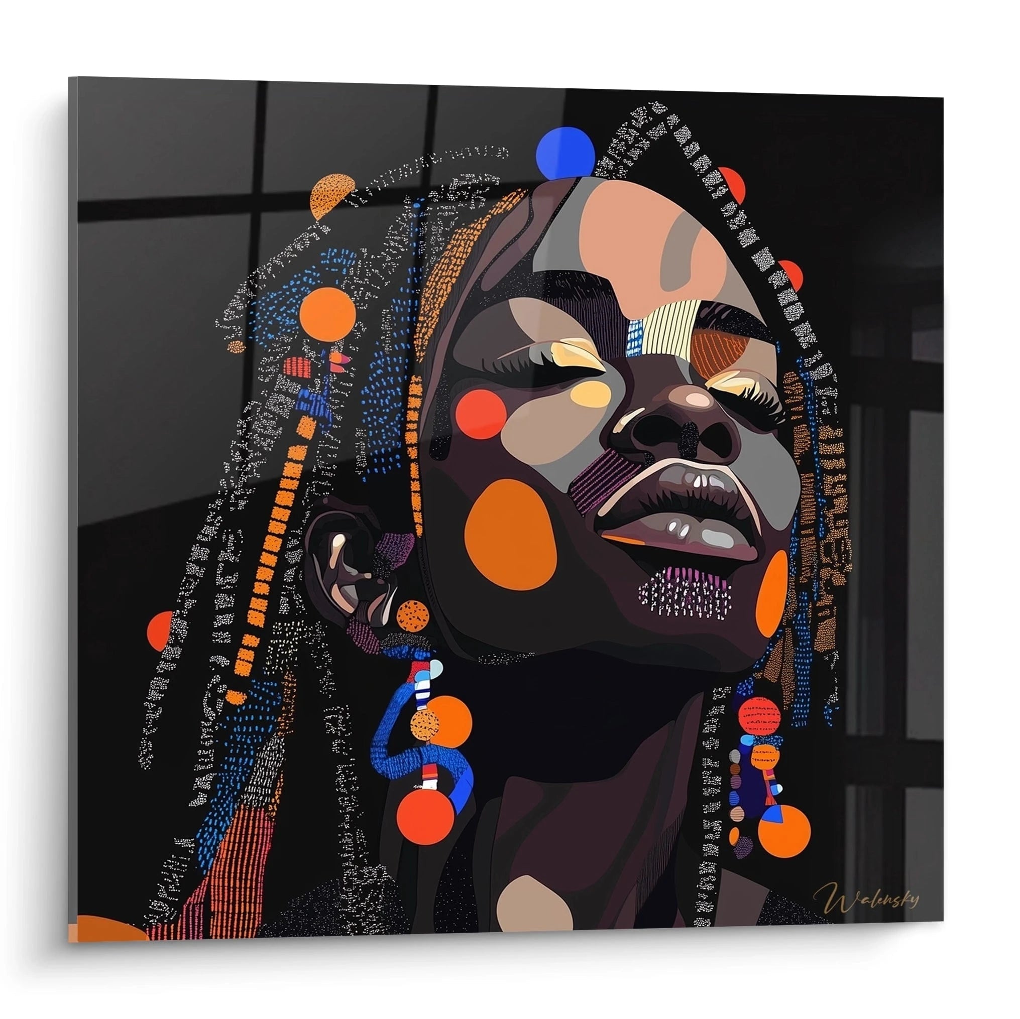 Tableau africain mural Walensky représentant un portrait coloré et stylisé d'une femme africaine