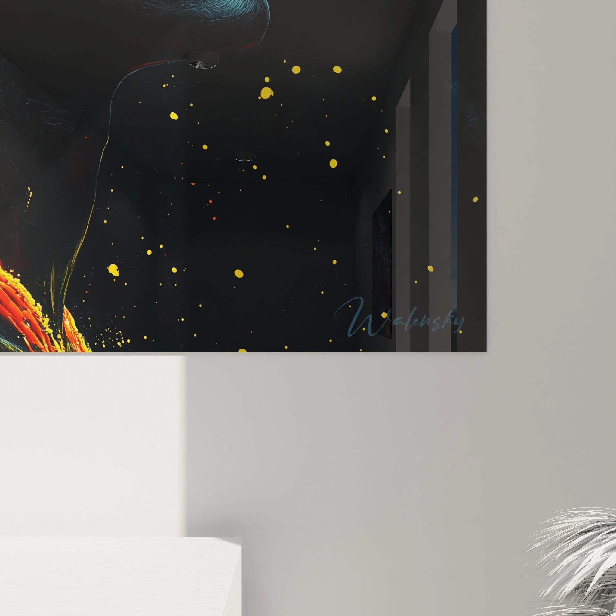 Tableau africain mural Walensky avec motifs abstraits noirs et éclats jaunes pour décoration intérieure