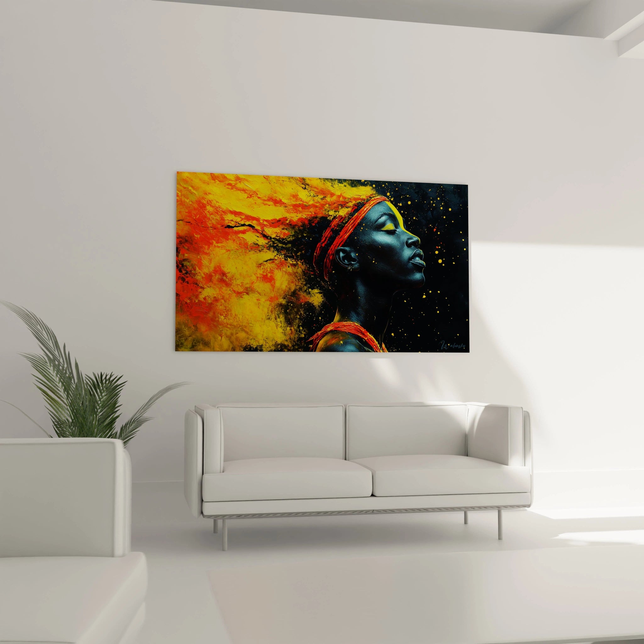 Tableau africain mural Walensky avec portrait coloré d'une femme en profil sur fond noir et flammes jaunes