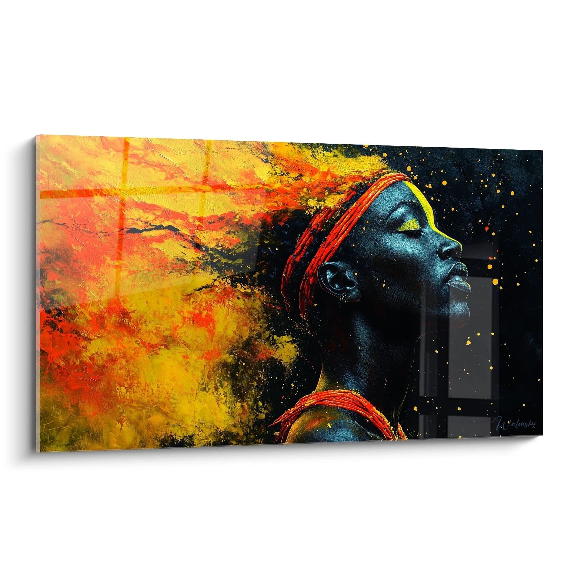 Tableau africain mural Walensky représentant portrait de femme noire avec peinture orange et jaune éclatante