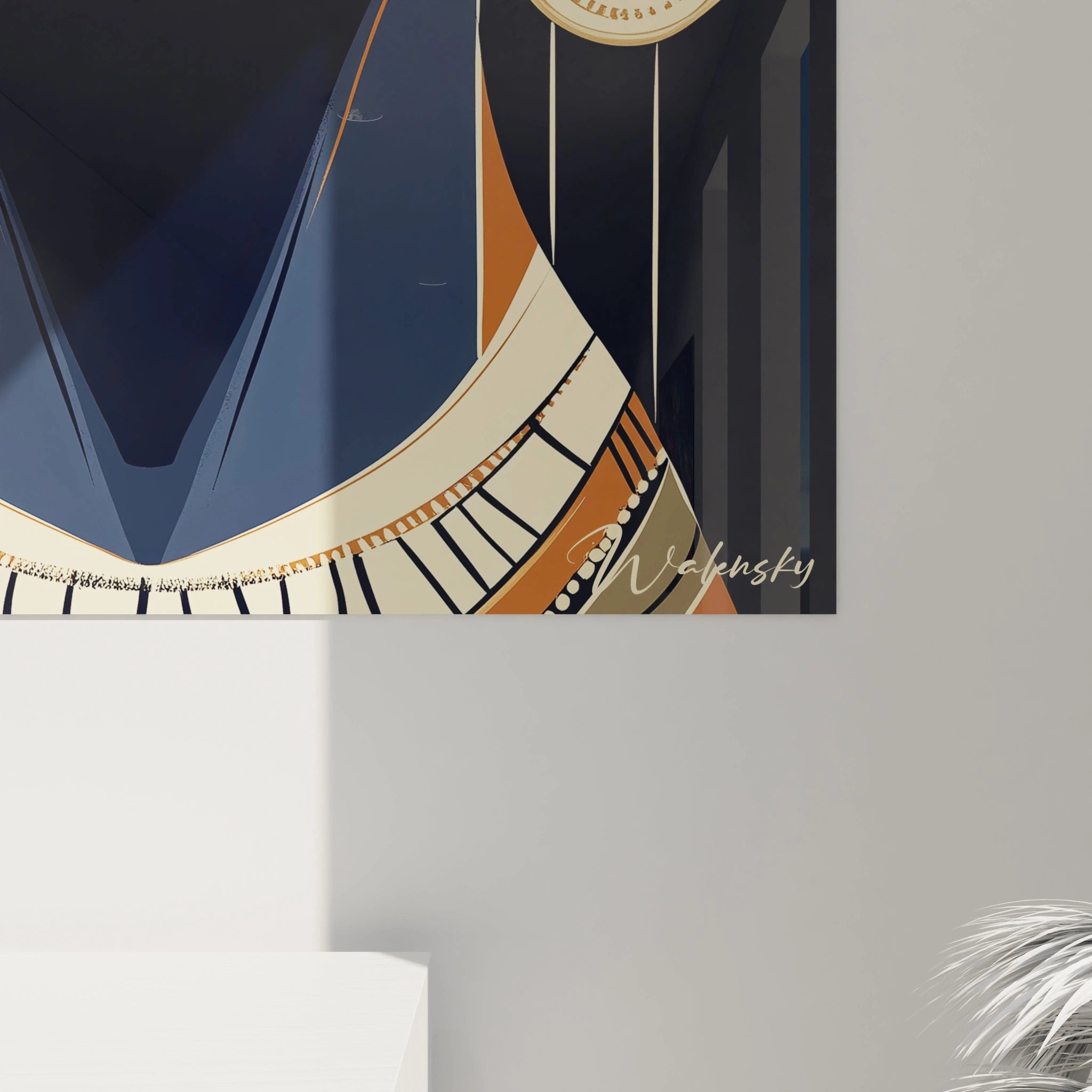 Détail d'un tableau africain mural Walensky avec motifs géométriques en bleu et orange