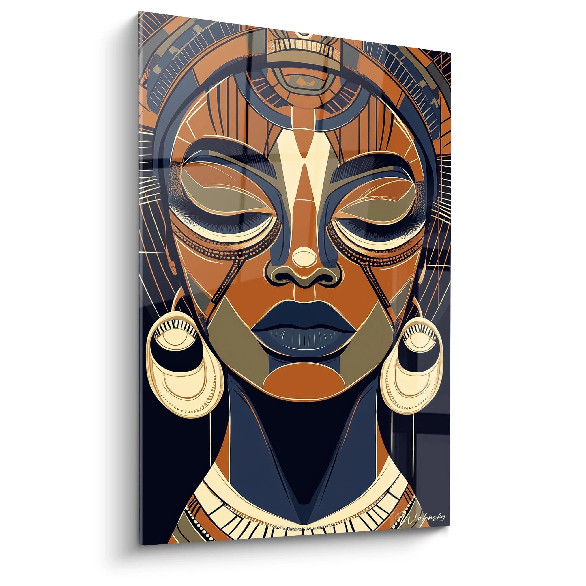 Tableau africain mural Walensky représentant un visage féminin stylisé avec des motifs tribaux et des bijoux dorés
