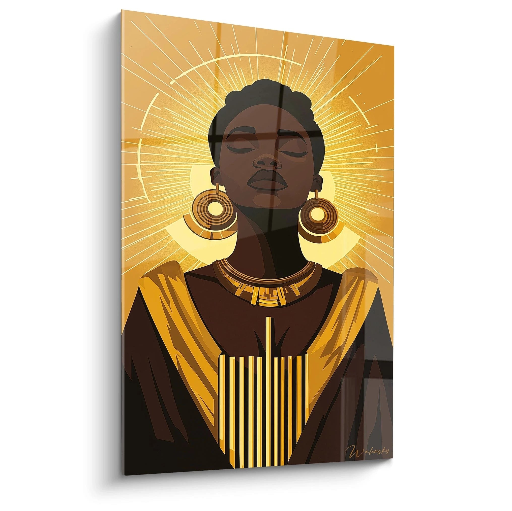 Tableau africain mural Walensky représentant une femme noire portant des bijoux dorés et une auréole lumineuse