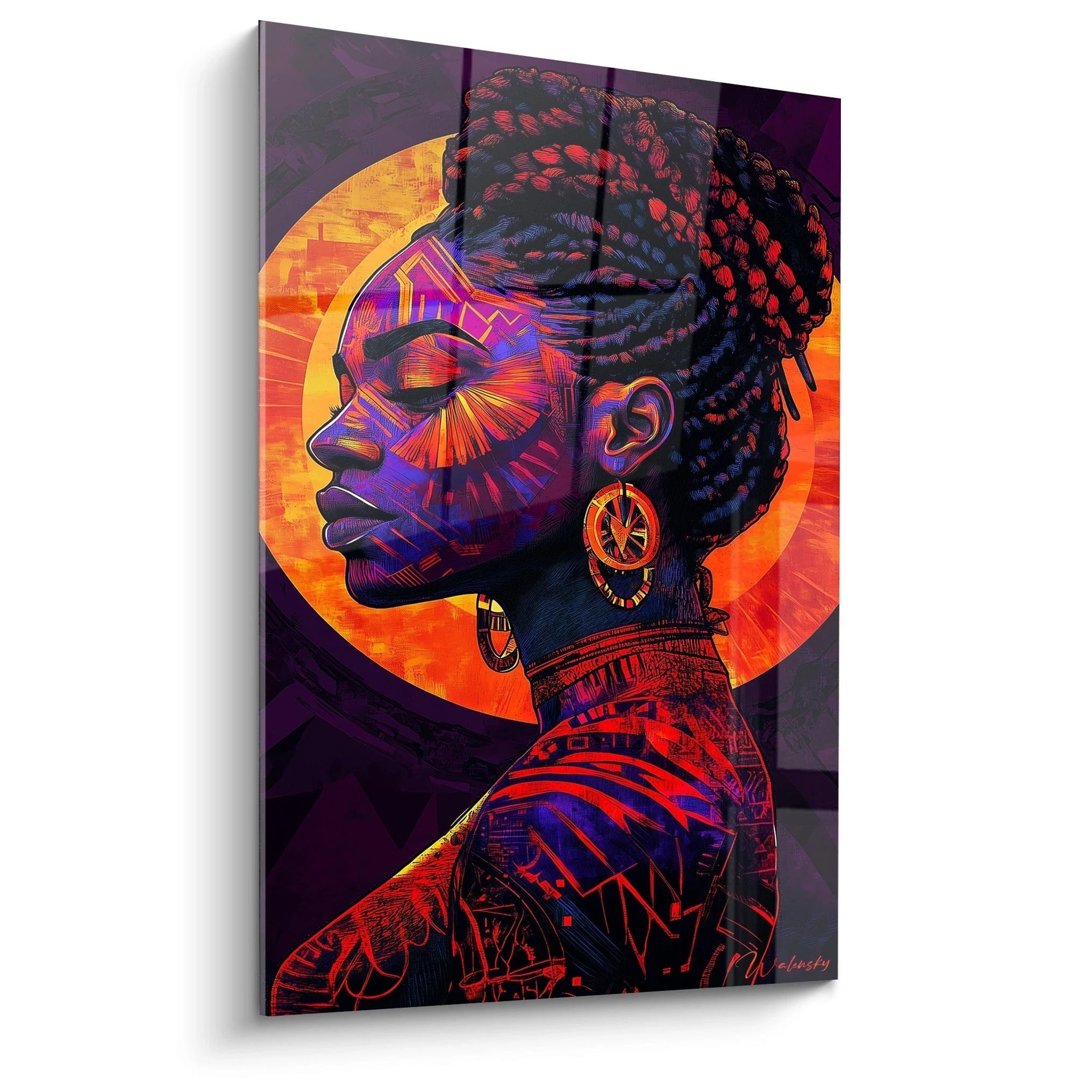 Tableau africain mural Walensky portrait coloré de femme africaine avec motifs ethniques vibrants