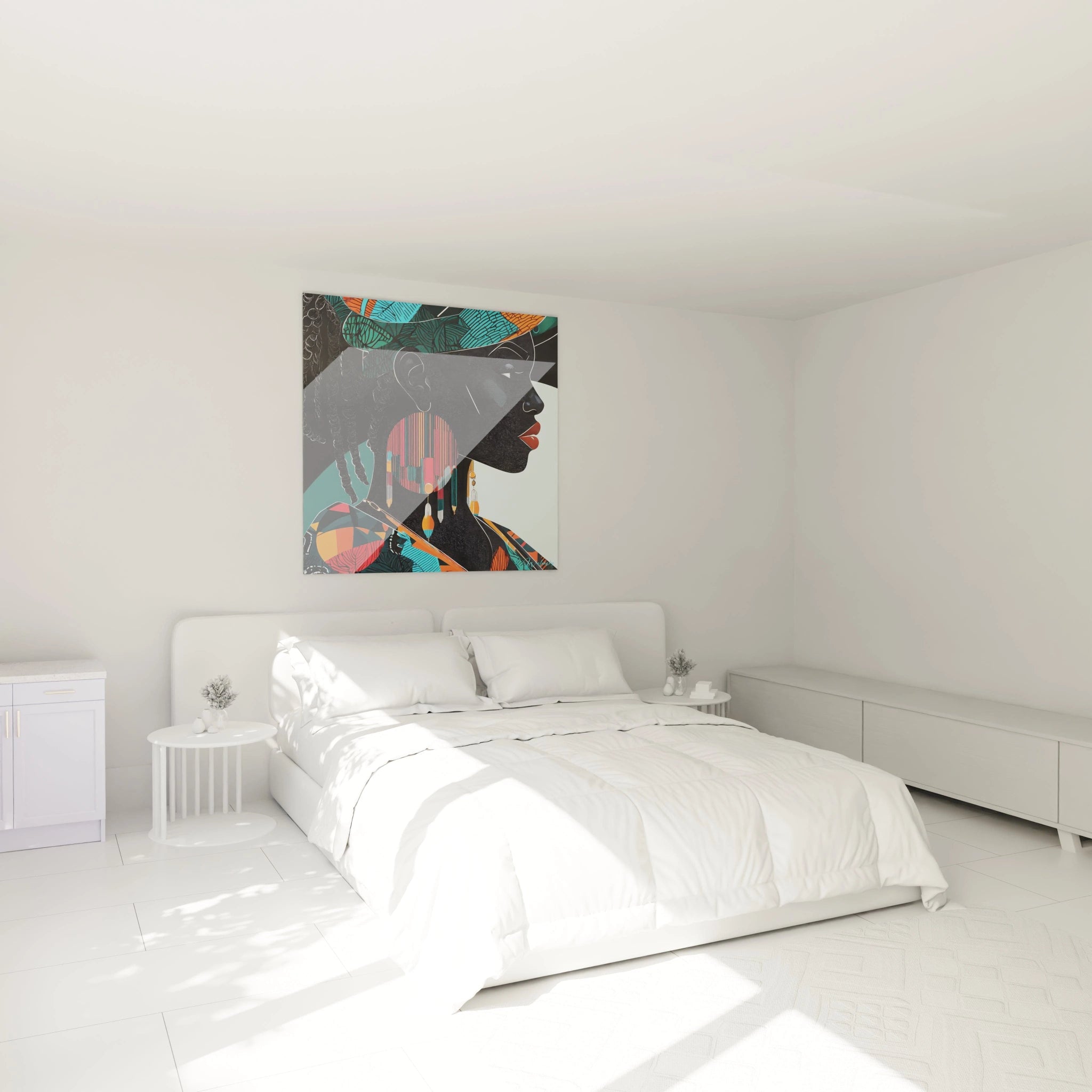 Tableau africain mural Walensky coloré représentant un profil féminin dans une chambre blanche moderne