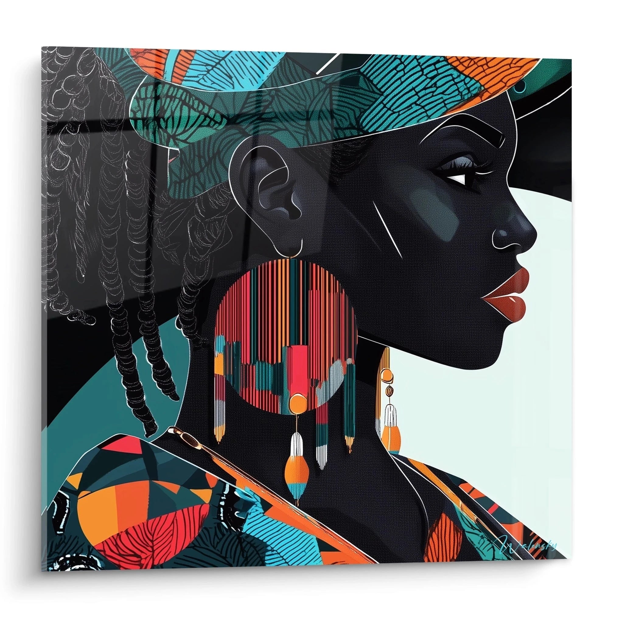 Tableau africain mural Walensky portrait femme noire portant un chapeau et des bijoux colorés