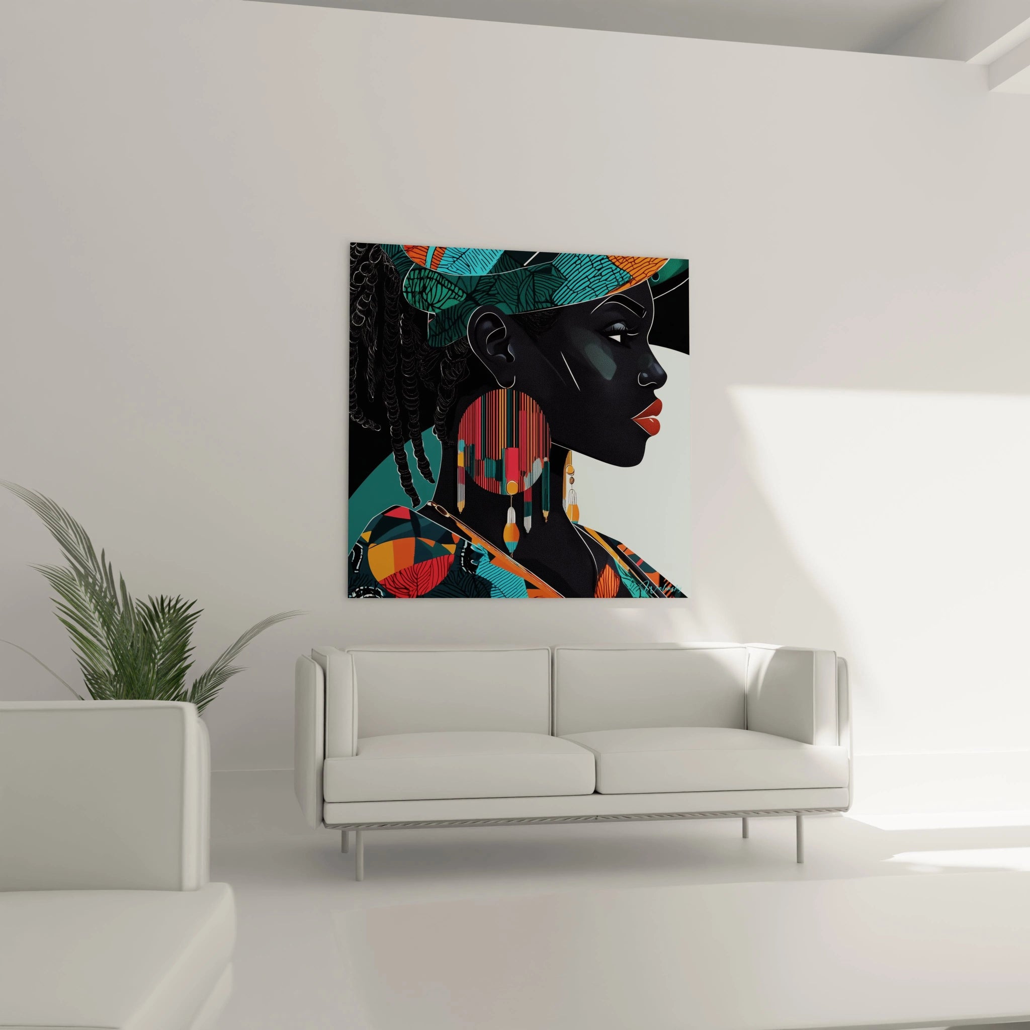 Tableau africain mural Walensky représentant un portrait coloré de femme africaine en intérieur moderne