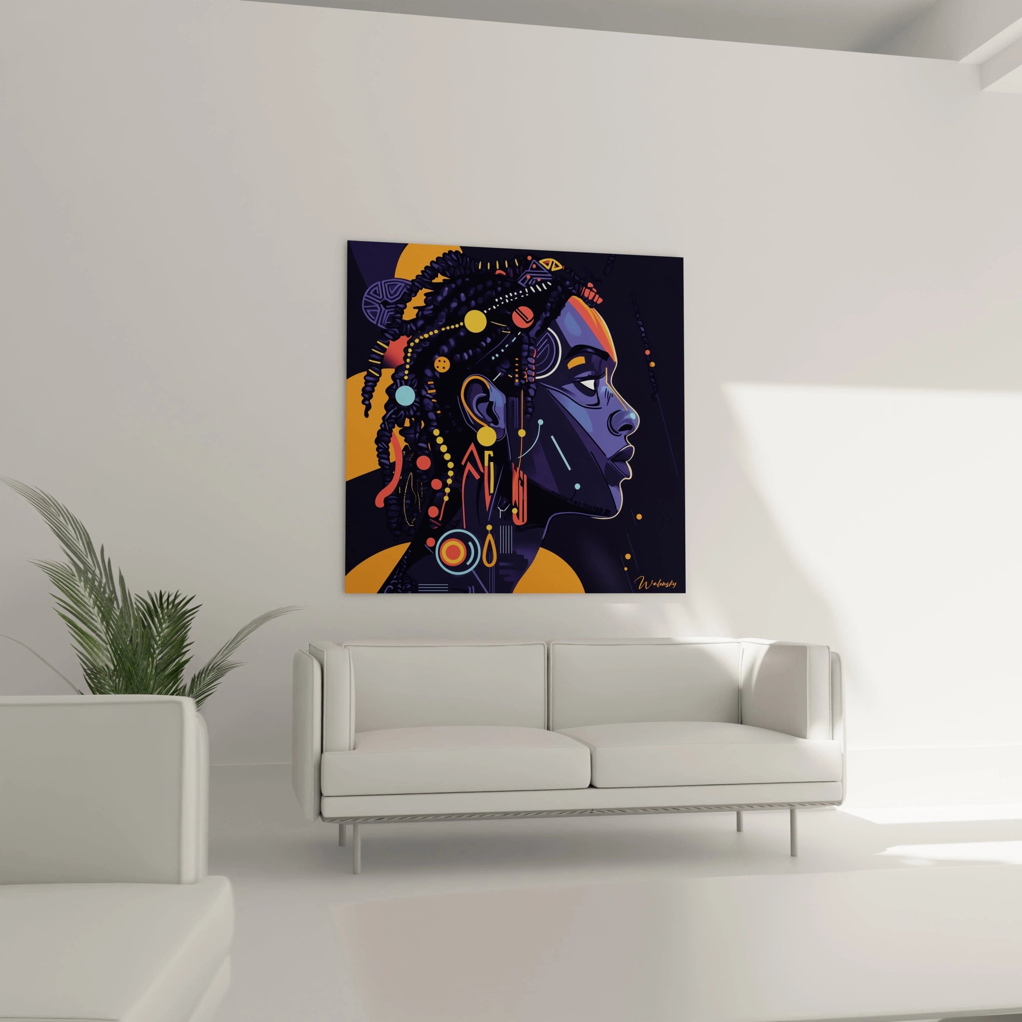 Tableau africain mural Walensky portrait coloré femme noire sur fond noir et orange dans salon moderne