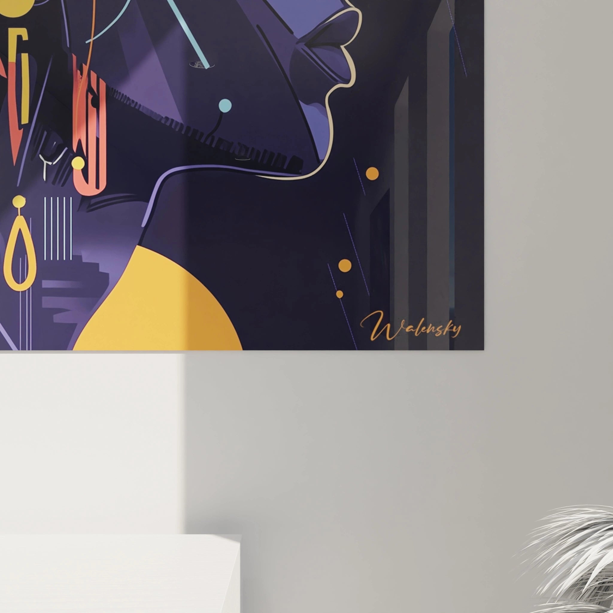 Tableau africain mural abstrait aux couleurs violettes et jaunes signé Walensky
