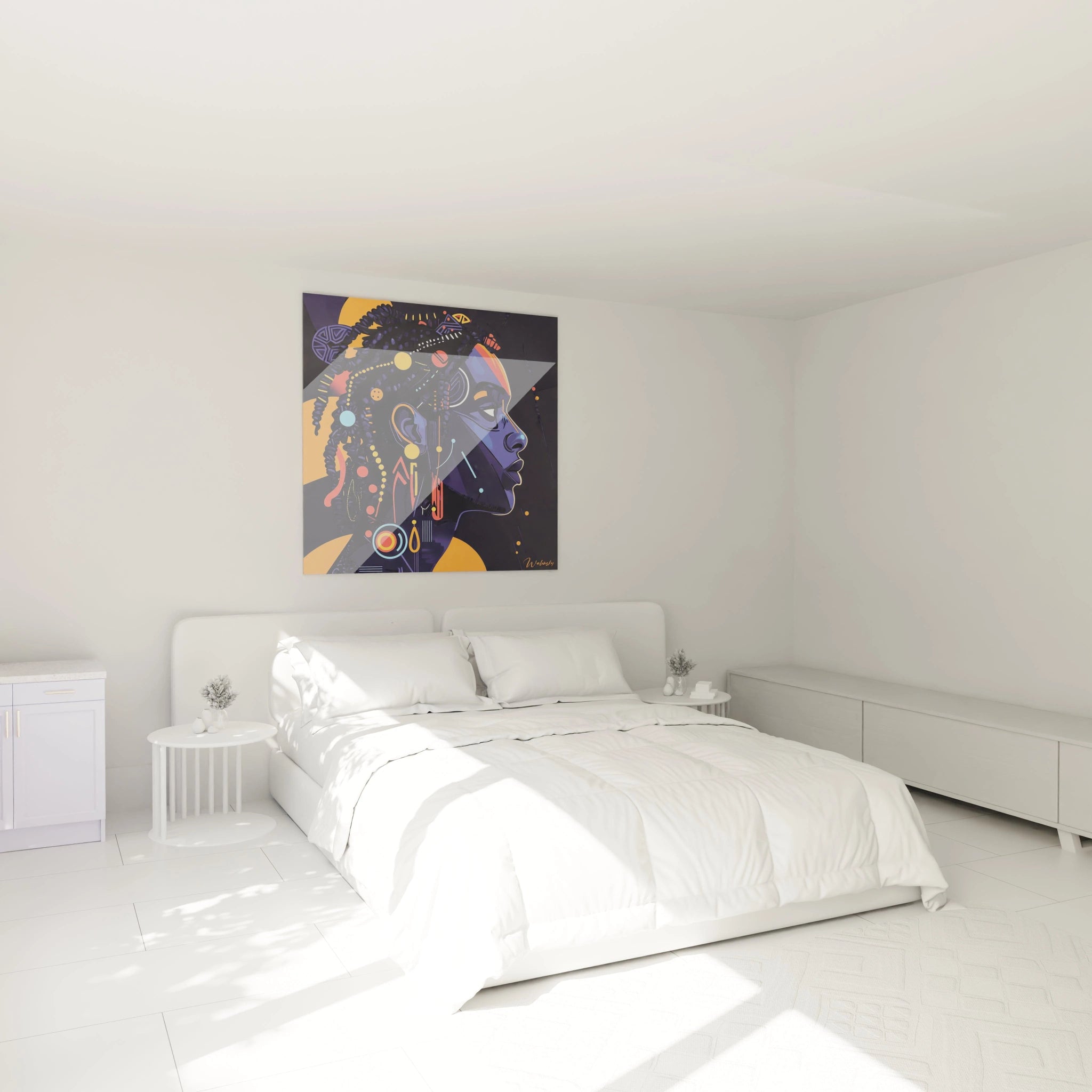 Tableau africain mural coloré représentant un profil féminin dans une chambre lumineuse moderne