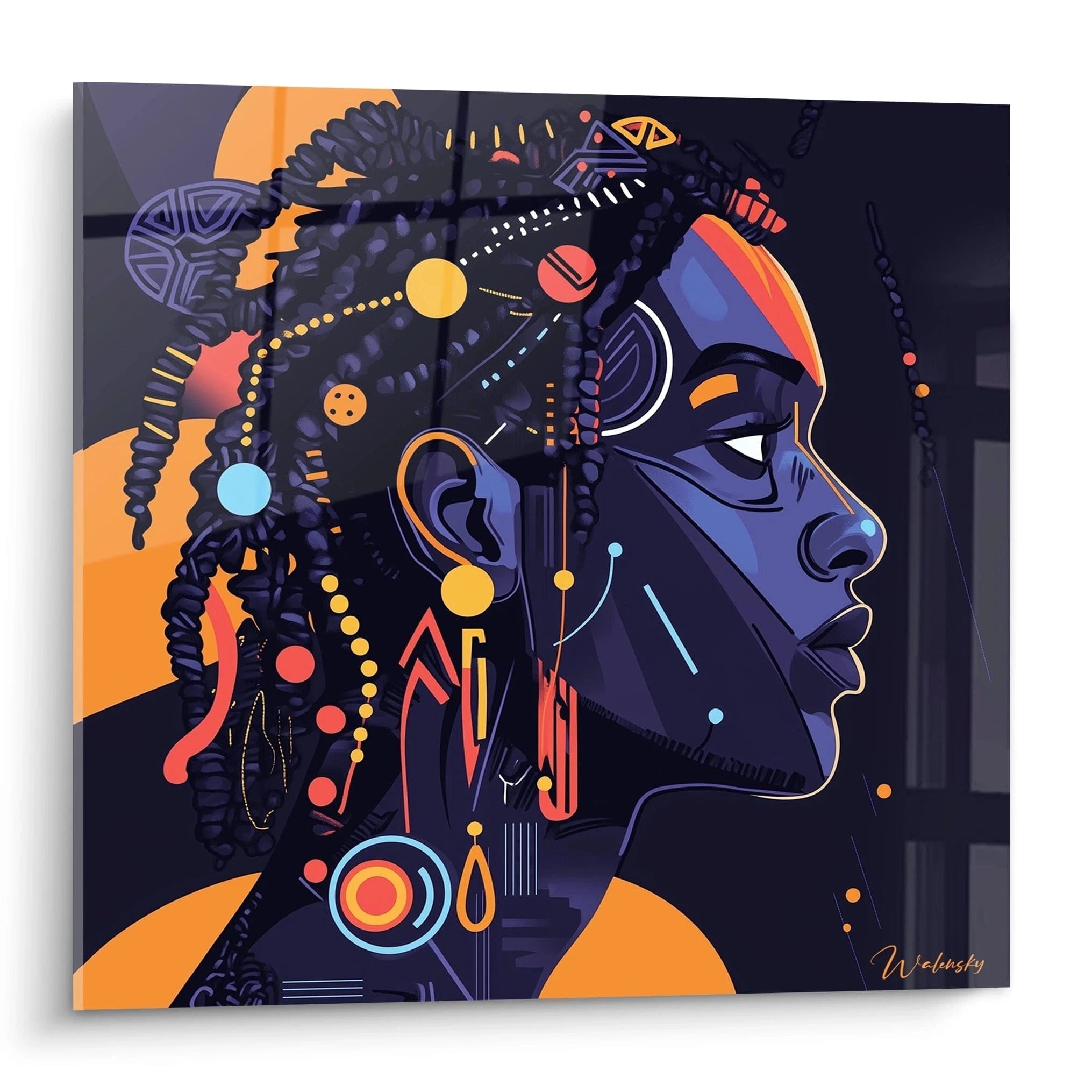 Tableau africain mural de Walensky représentant un portrait coloré et stylisé d'une femme africaine en profil