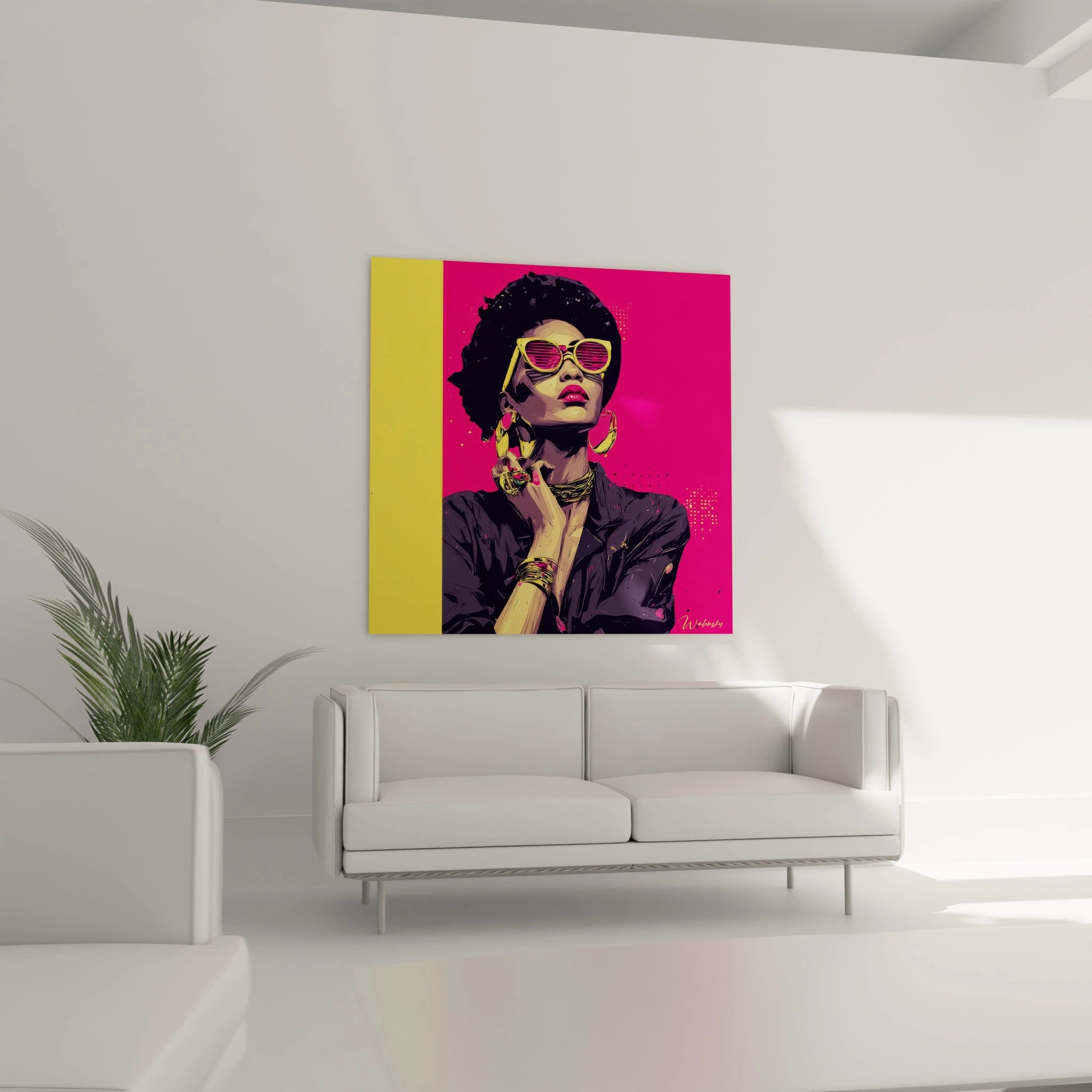 Tableau femme afro street chic de Walensky sur mur rose, ajoutant une touche moderne à la décoration intérieure