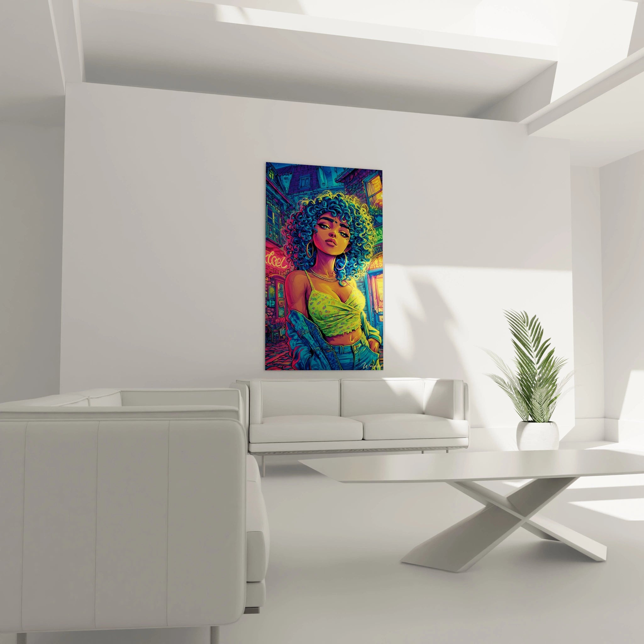 Gros plan tableau art digital femme afro cheveux multicolores style comic book urbain