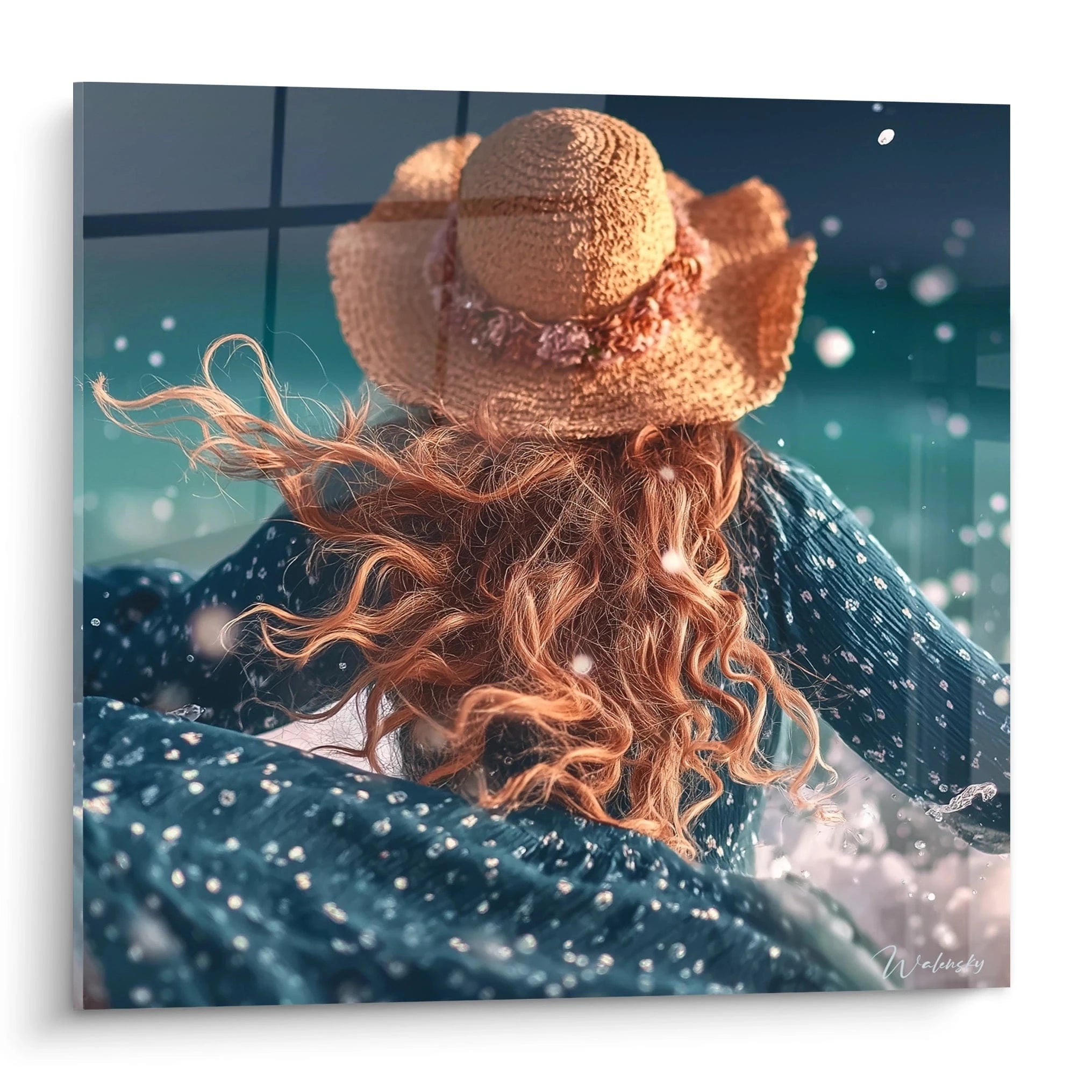 Walensky tableau femme au chapeau de paille vue de dos cheveux roux bouclés robe bleue et éclaboussures