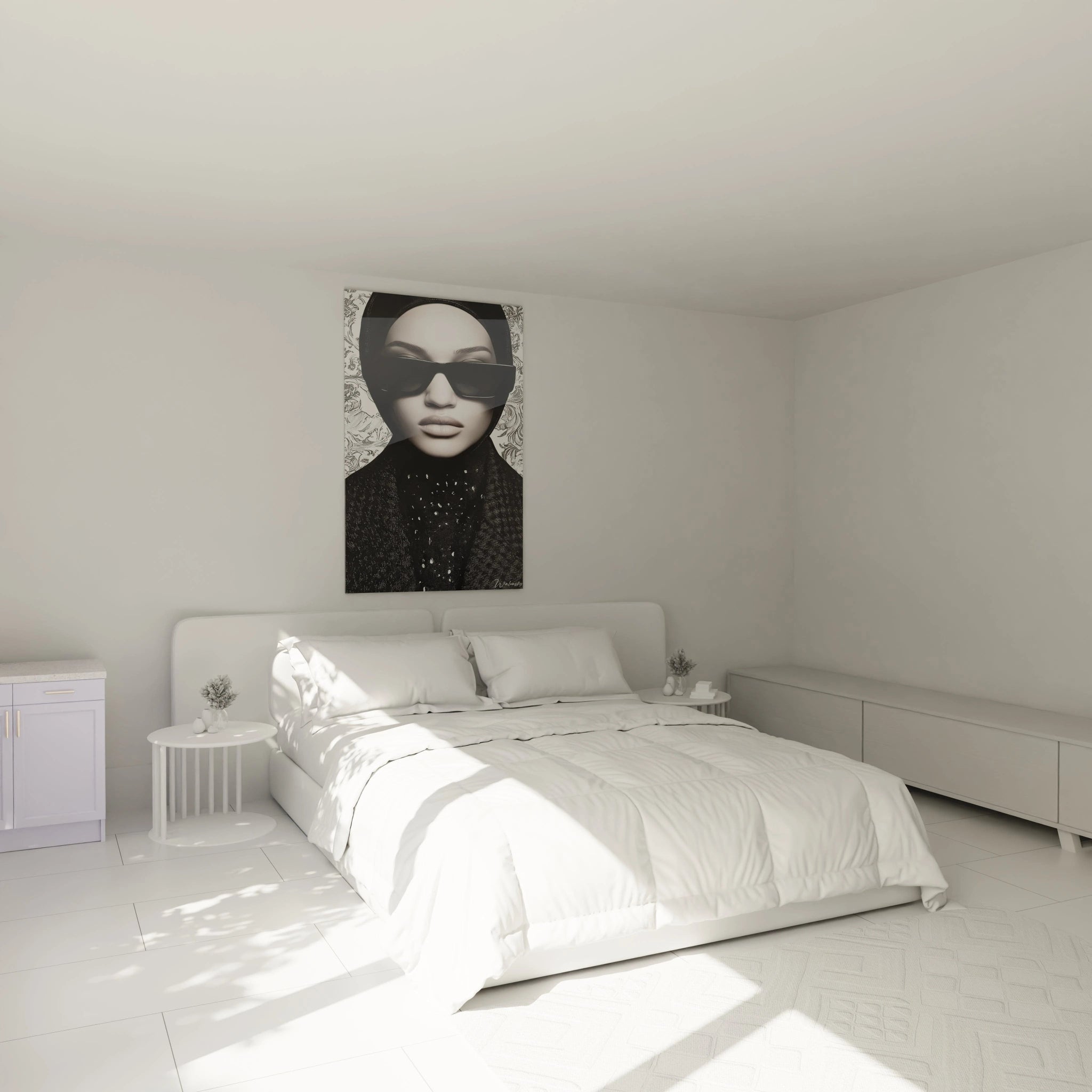 Tableau femme hijab noir et blanc décorant un mur dans une chambre moderne et lumineuse