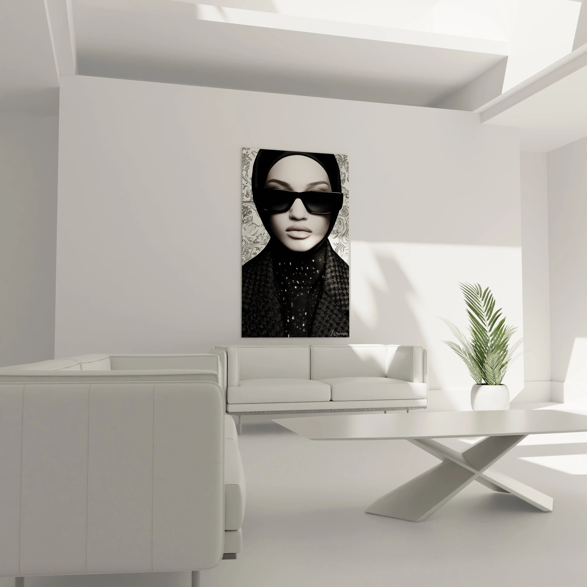 Tableau femme hijab noir et blanc avec lunettes de soleil dans un intérieur moderne et minimaliste