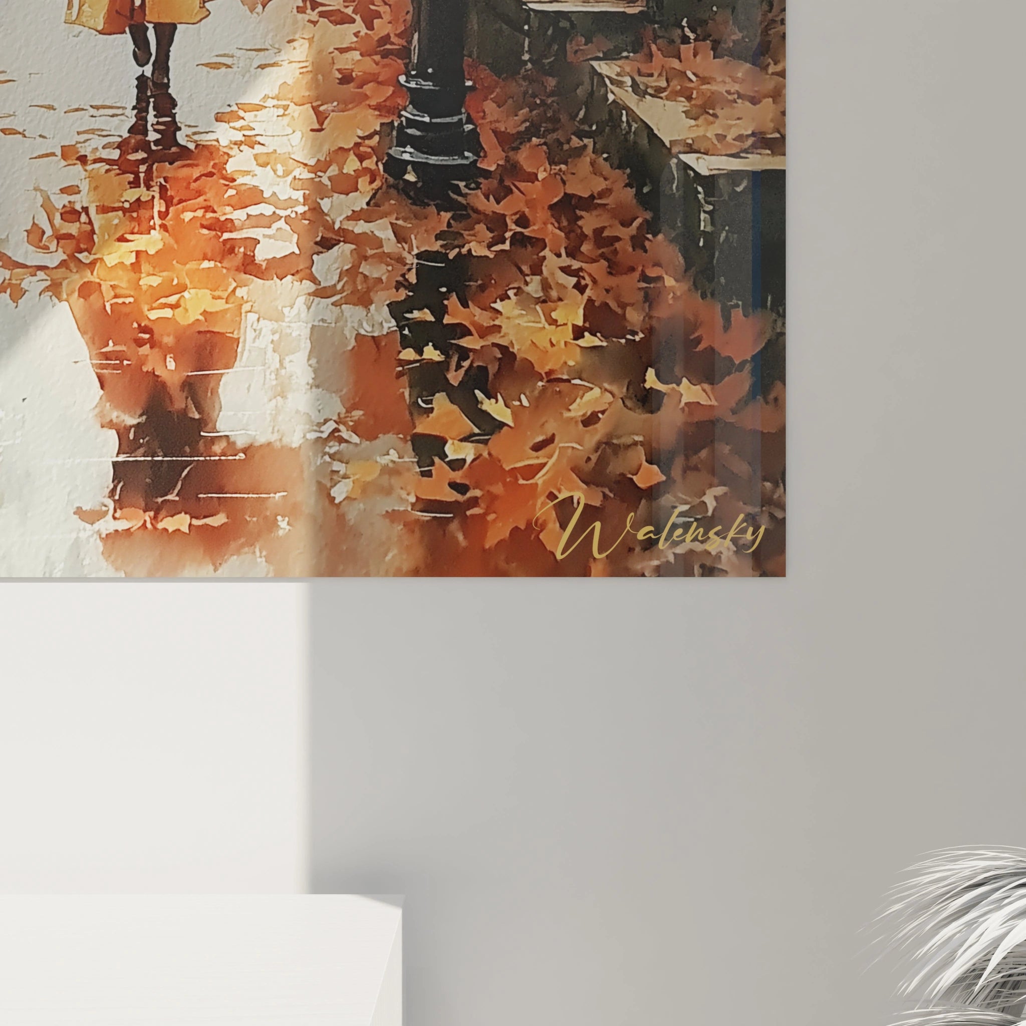 tableau femme au parapluie automne Walensky toile murale femme marchant sur trottoir aux feuilles